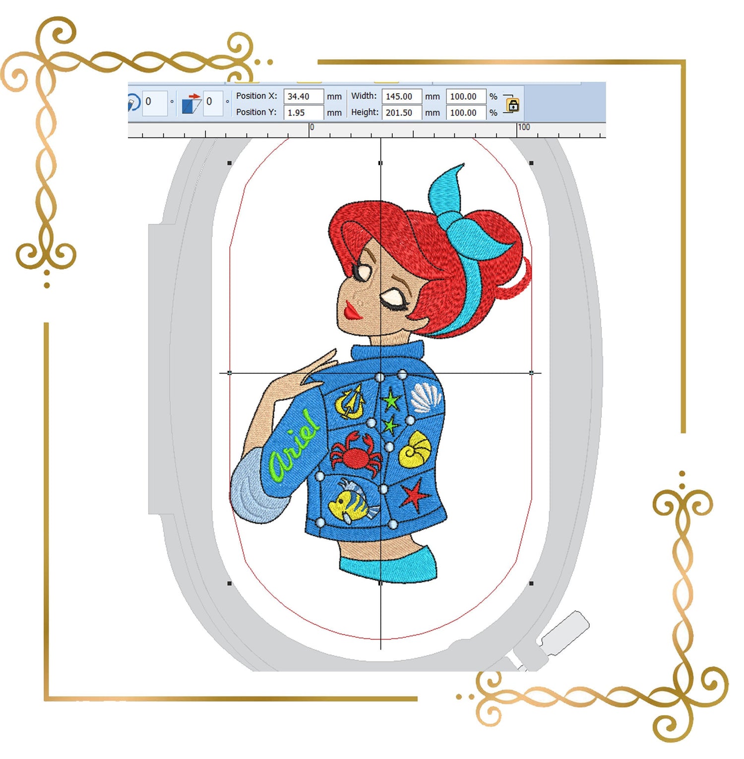 Princess  Ariel Modern denim jacket Disney character machine embroidery design