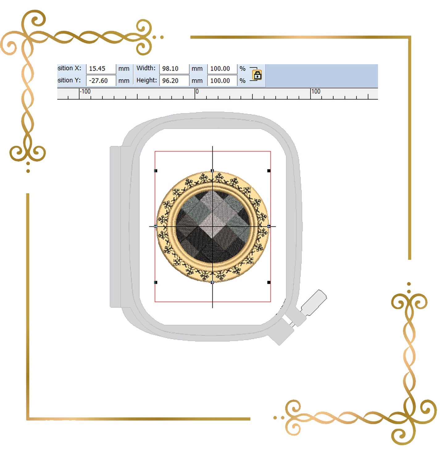 Schmuckbrosche Achat Schwarz Gold 2 Größen Stickmuster zum direkten Download.