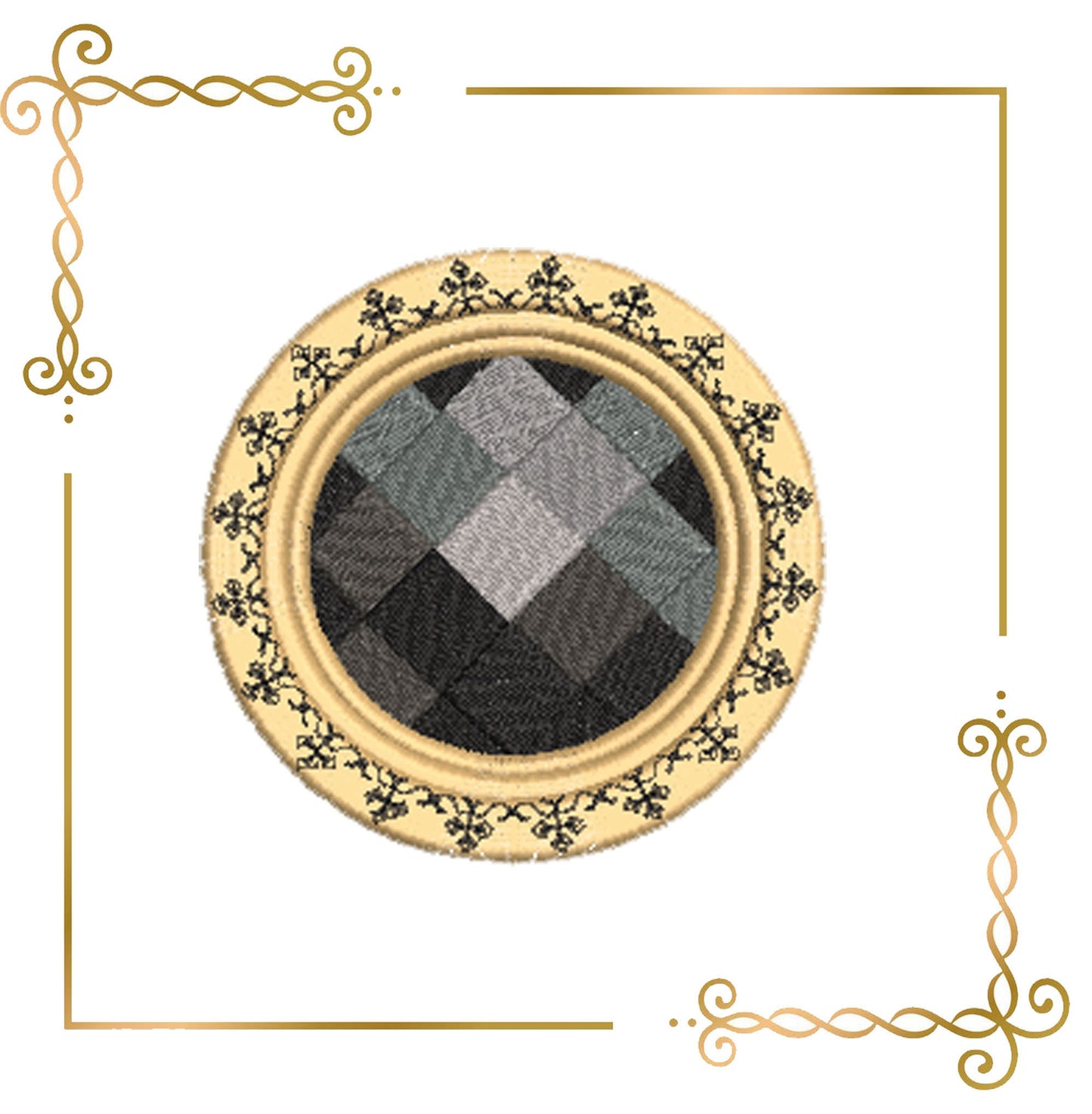 Schmuckbrosche Achat Schwarz Gold 2 Größen Stickmuster zum direkten Download.