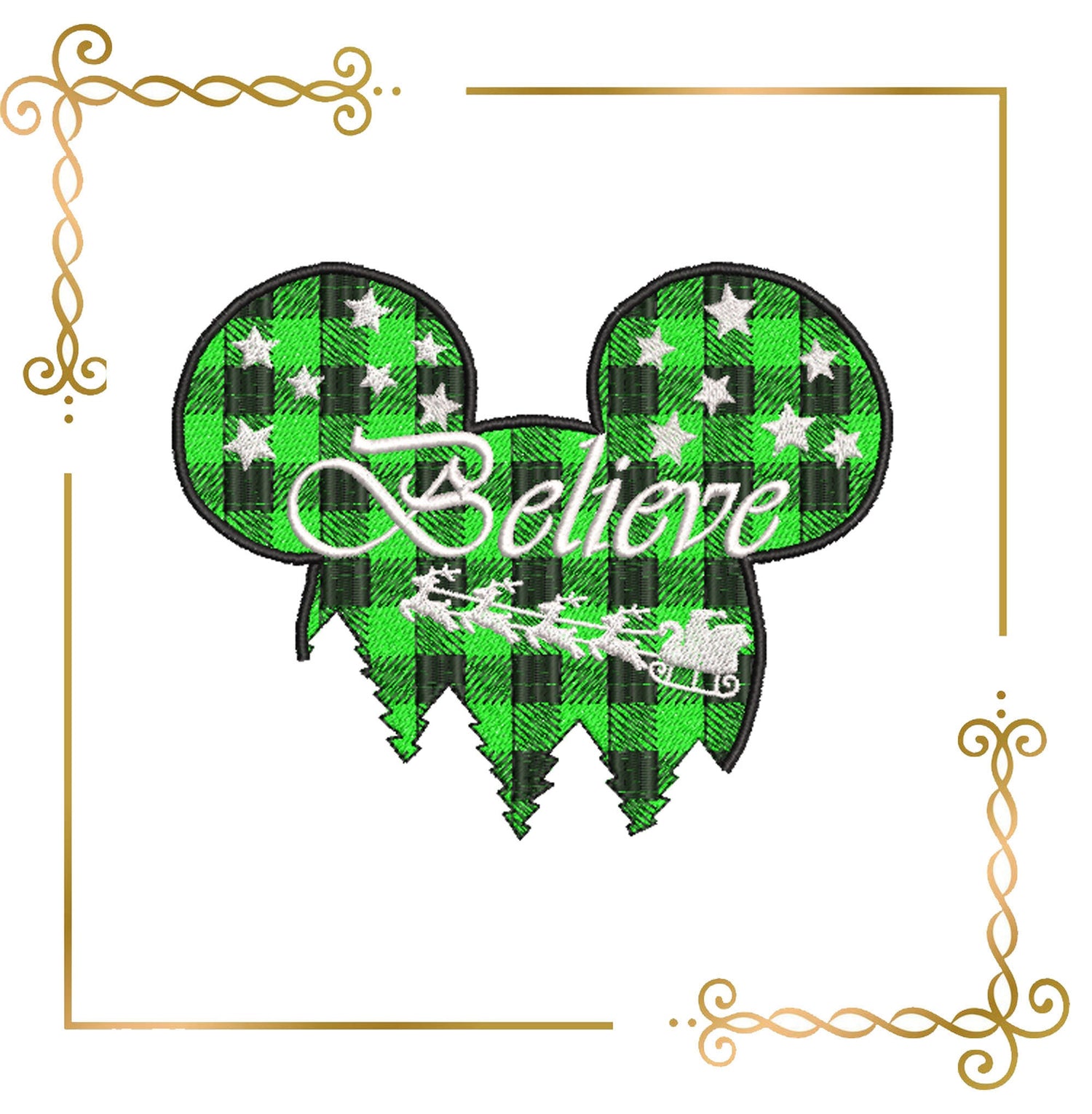 Mouse Christmas Believe Santa Claus in a sleigh 3 Sizes embroidery design to the direct download