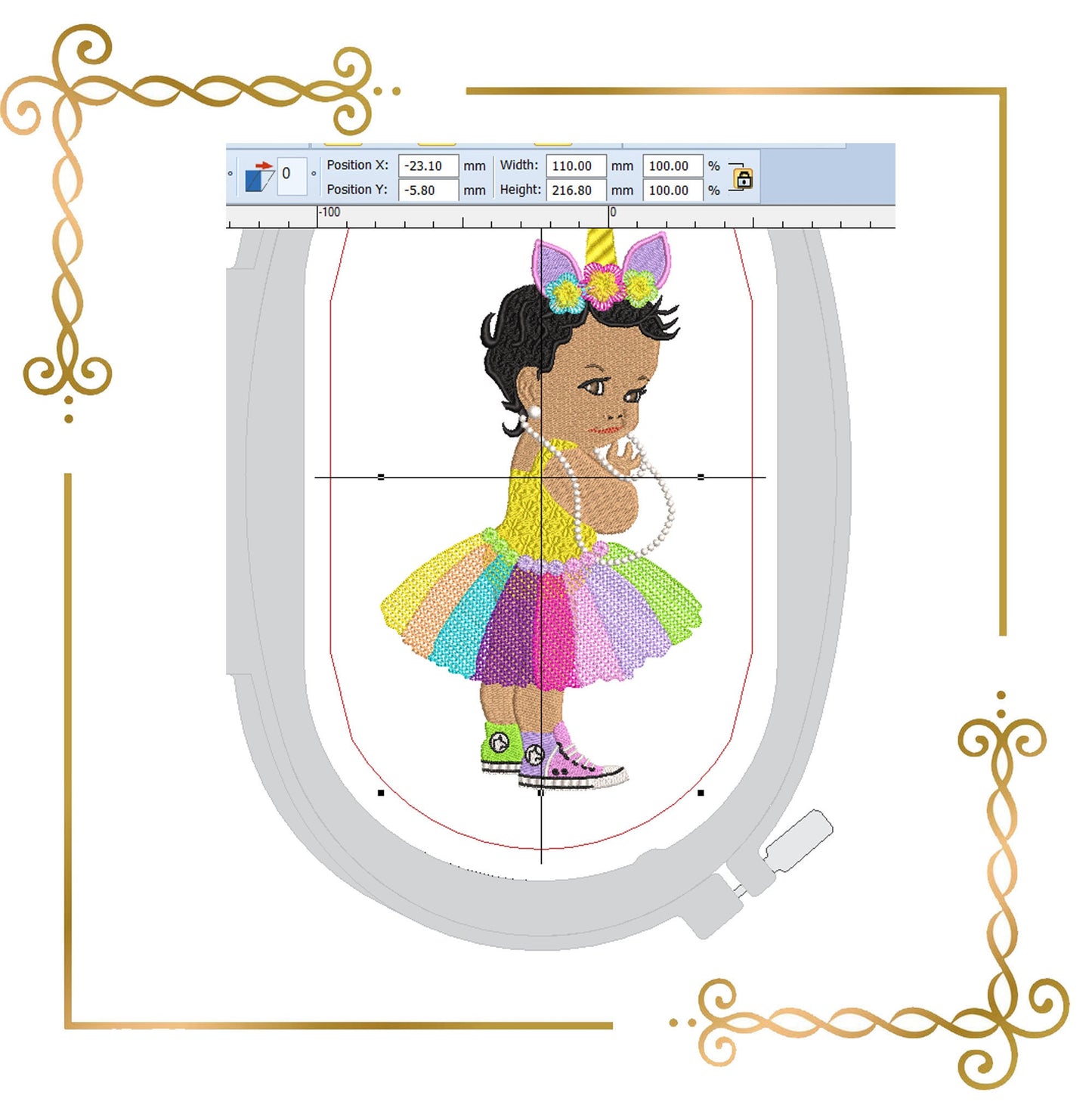 Princess Baby vintage girl with a crown Unicorn wearing sneakers and beads embroidery design on direct download