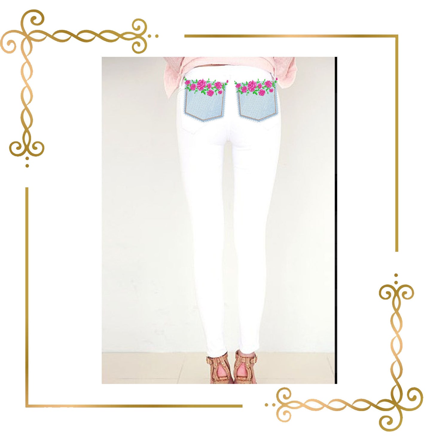 Blumen, Jeans, Rose, Tasche, Stickmuster zum direkten Download.