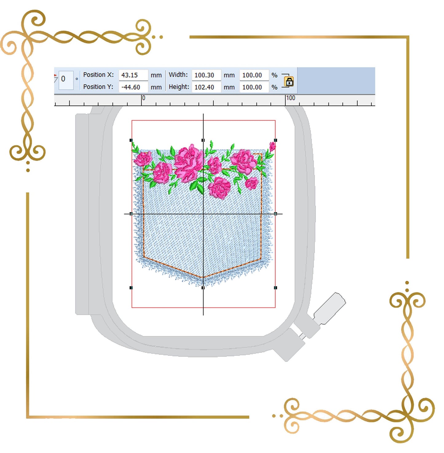 Blumen, Jeans, Rose, Tasche, Stickmuster zum direkten Download.