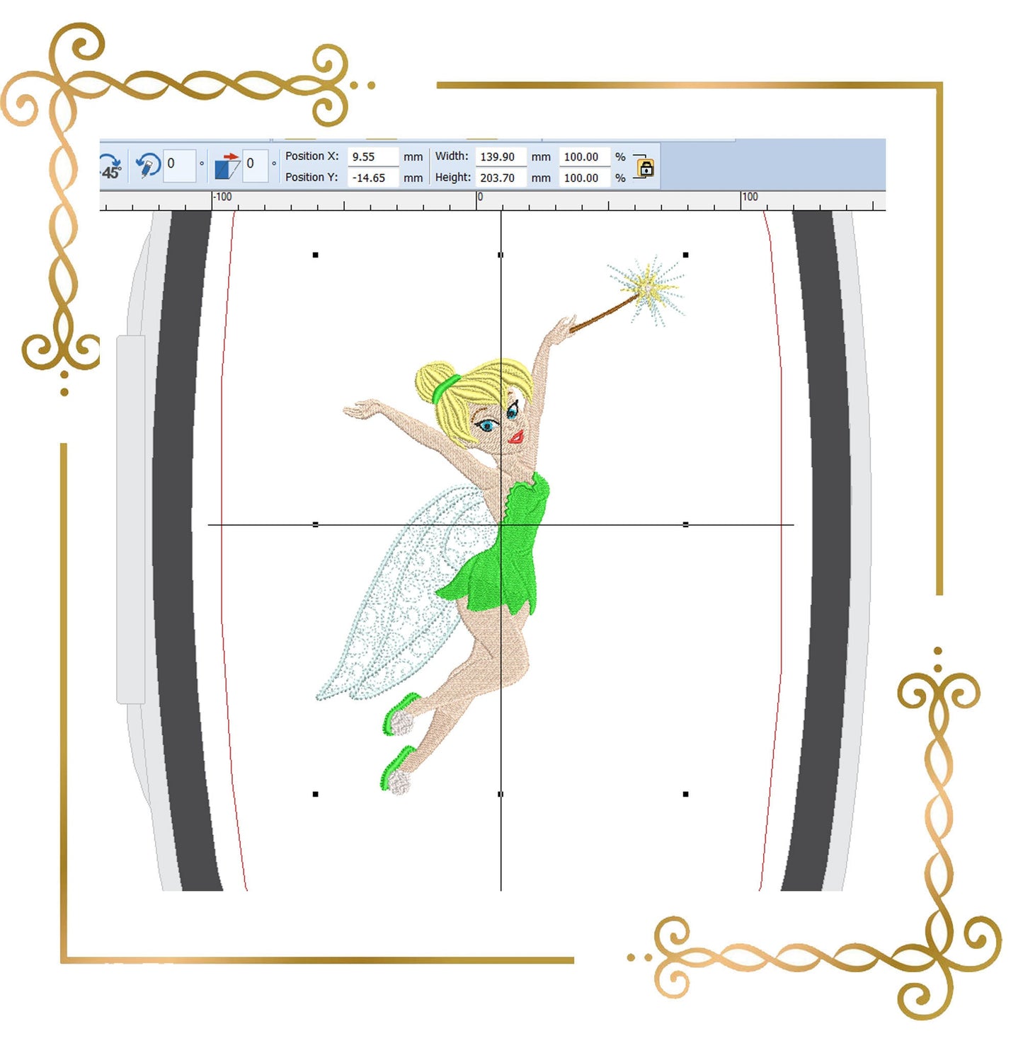 Princess Tinker Bell flying with a magic wand Disney character Embroidery design