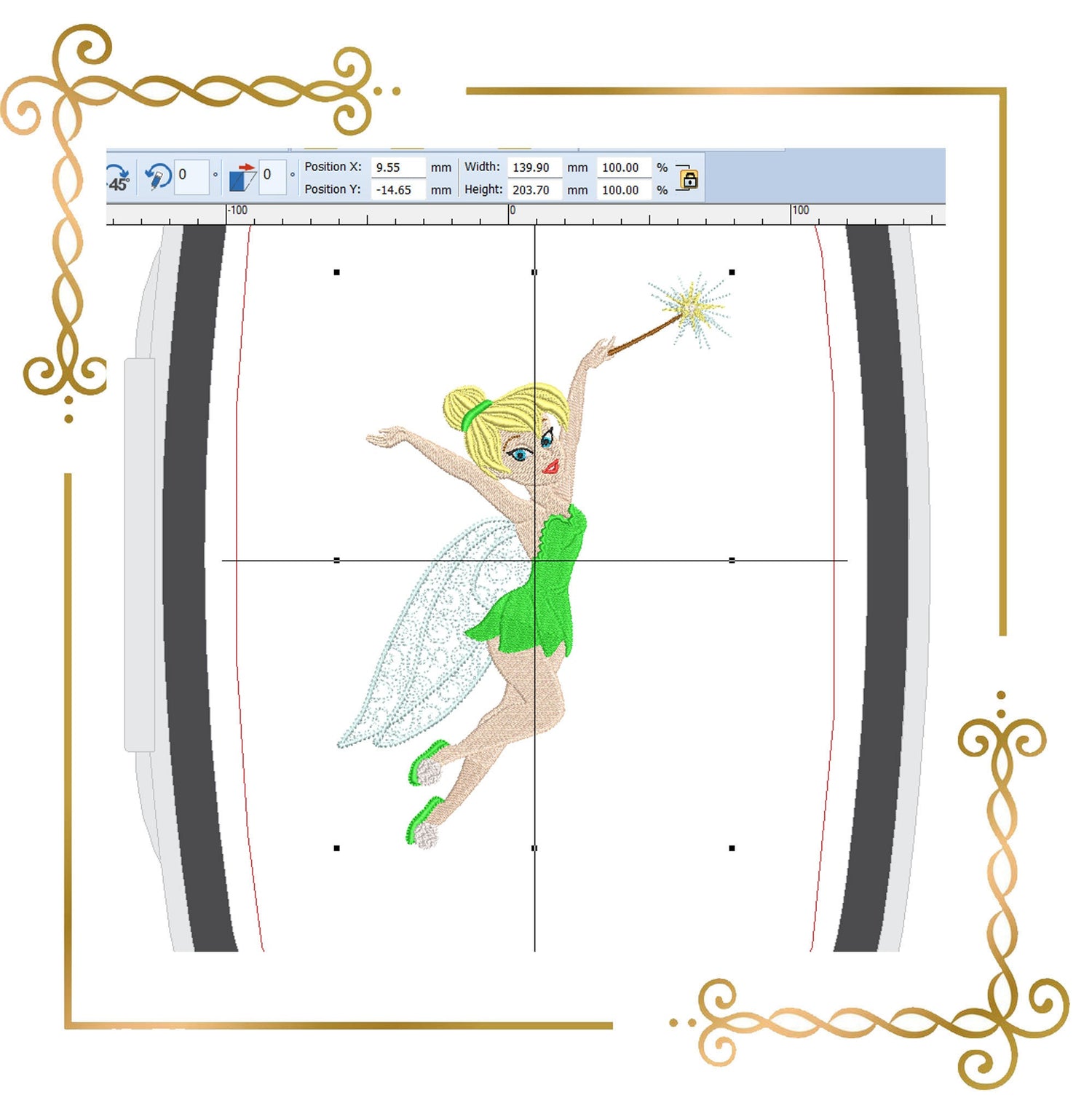 Princess Tinker Bell flying with a magic wand Disney character Embroidery design
