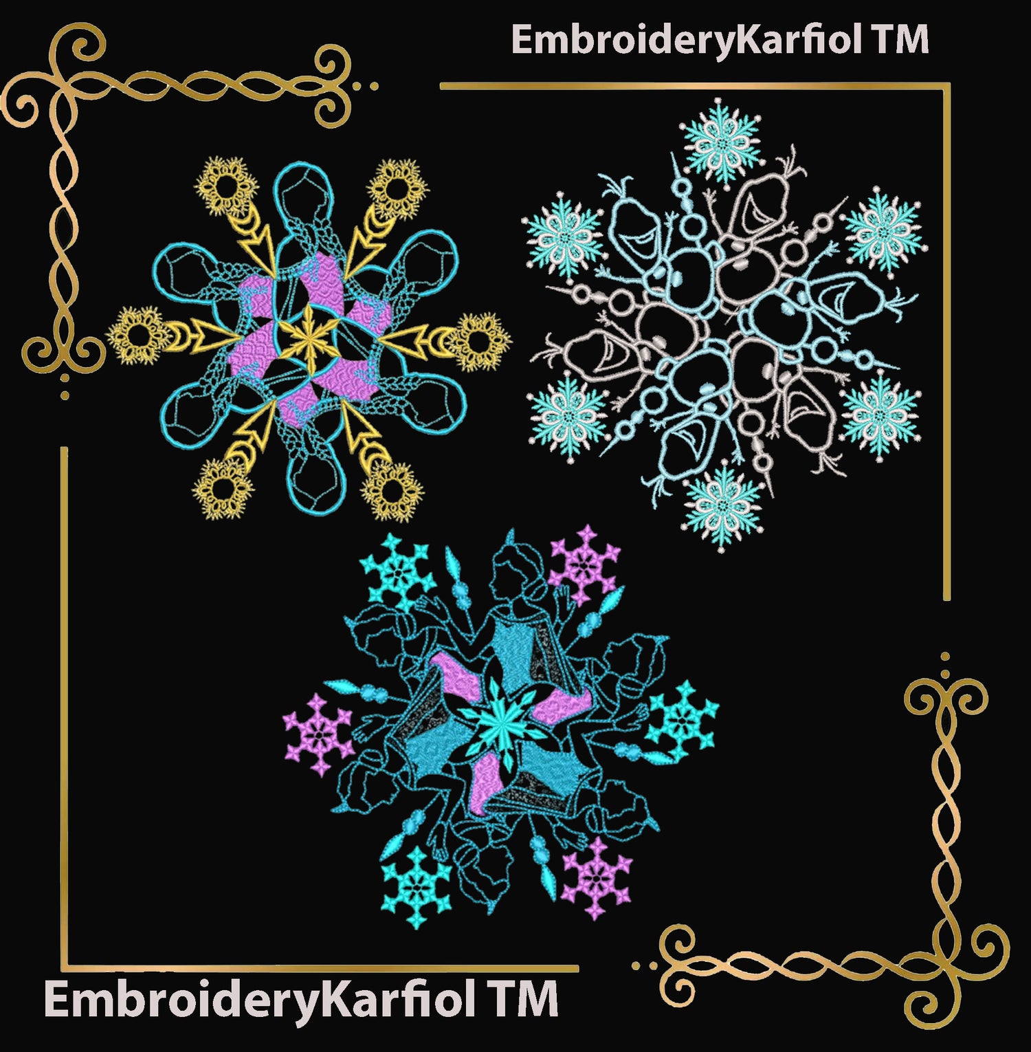Frozen Princess Snowflake Set – 3 Embroidery Designs (Elsa, Anna, Olaf)