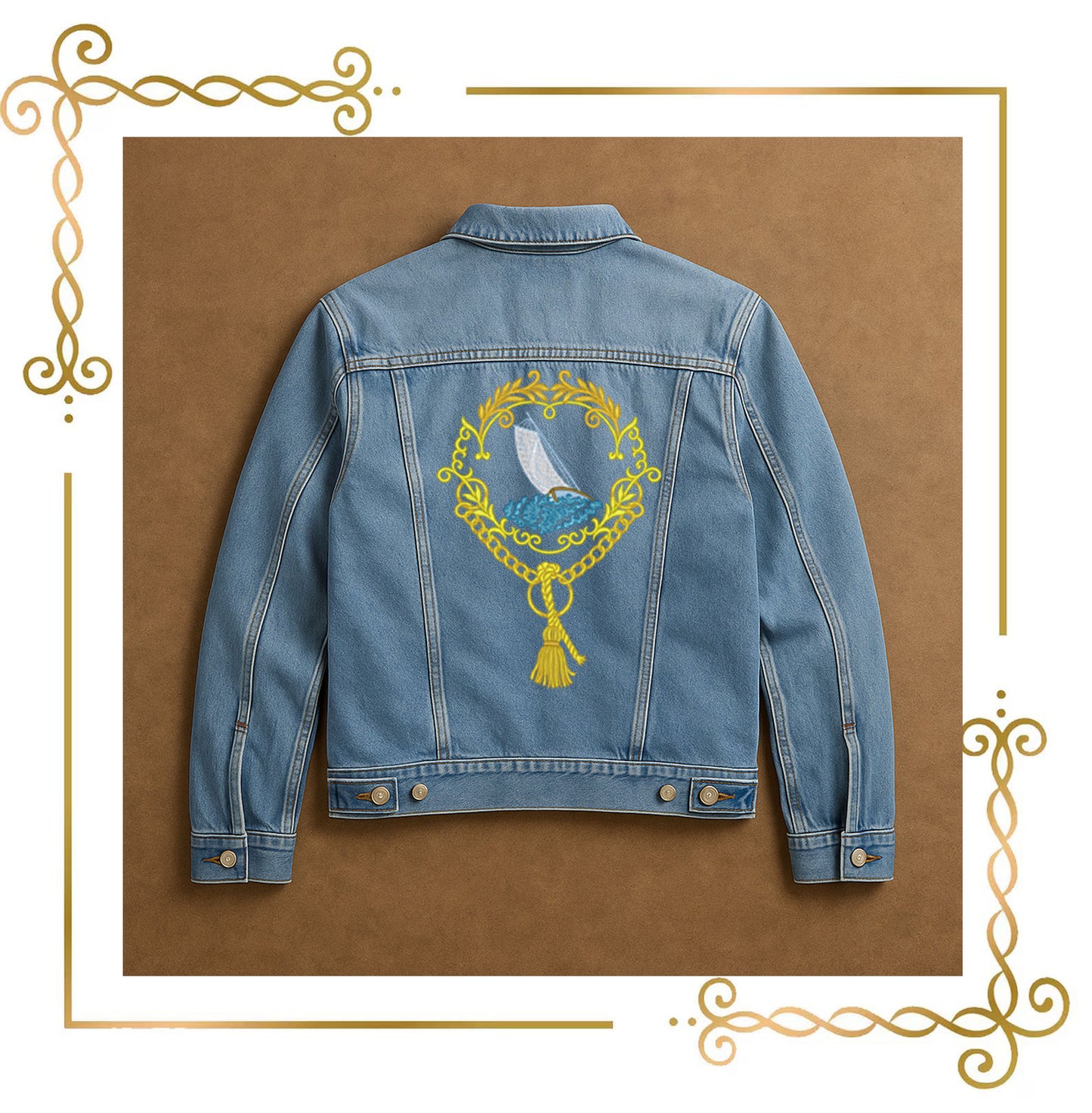 Embroidery Design Nautical Sailboat Frame, Elegant Ocean Crest, Baroque Gold Border, Marine Motif, Vintage Maritime Decor 