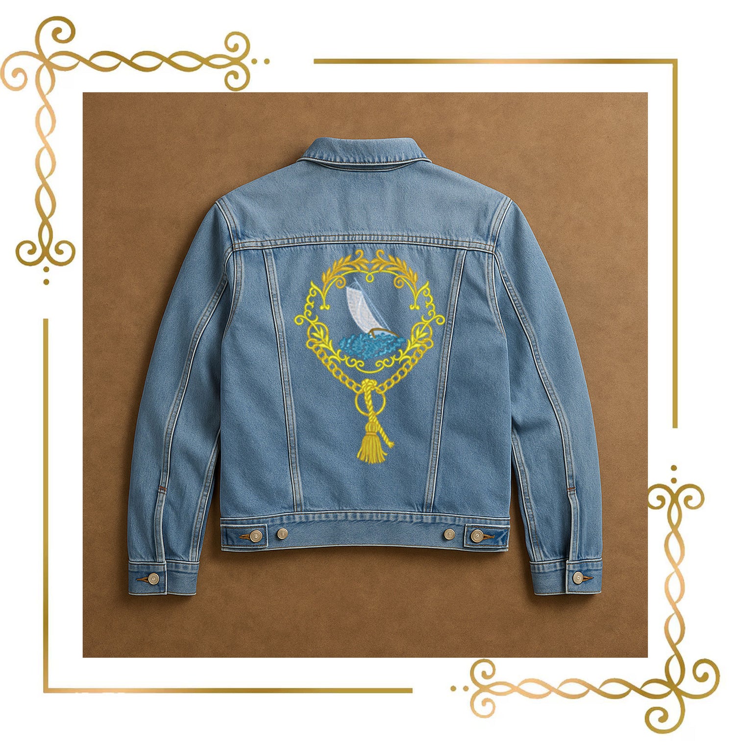 Embroidery Design Nautical Sailboat Frame, Elegant Ocean Crest, Baroque Gold Border, Marine Motif, Vintage Maritime Decor 