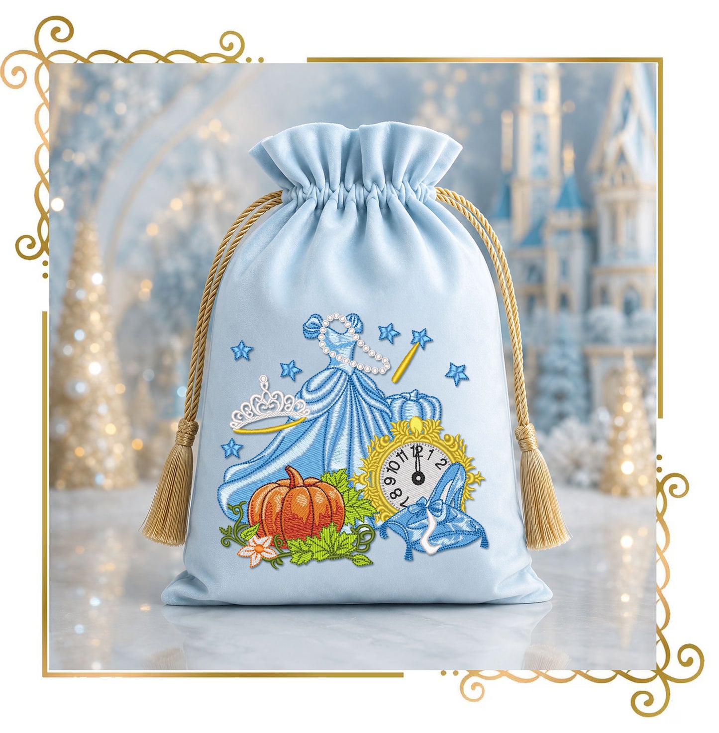 Fairytale Princess Embroidery Design, Cinderella Inspired Dress, Pumpkin Clock Glass Slipper, Machine Embroidery File