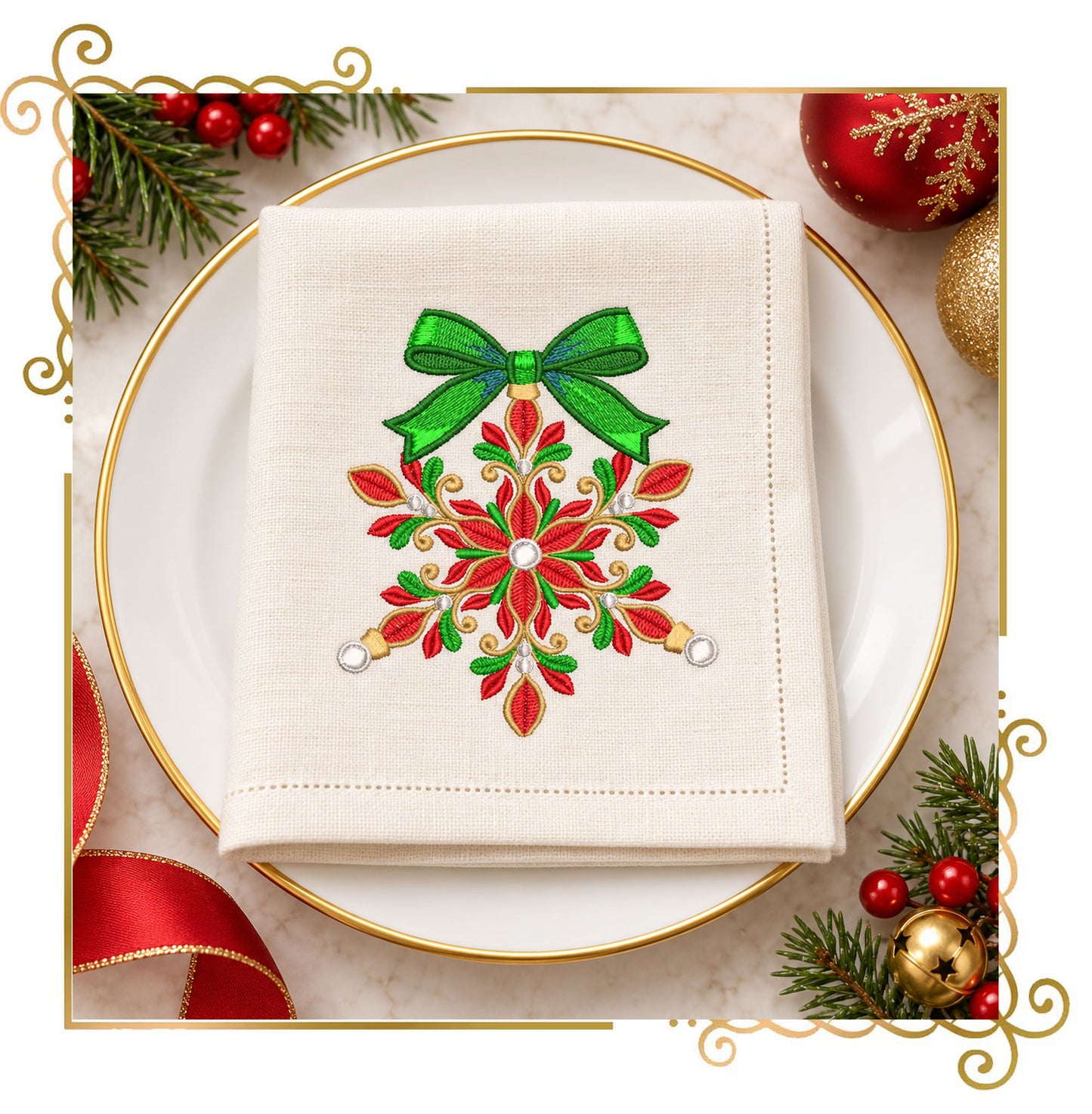 Christmas Snowflake Machine Embroidery Design, Bow Ornament, Winter Holiday Embroidery, Christmas Decor - Digital Download