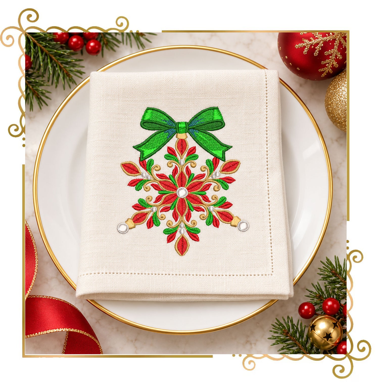 Christmas Snowflake Machine Embroidery Design, Bow Ornament, Winter Holiday Embroidery, Christmas Decor - Digital Download