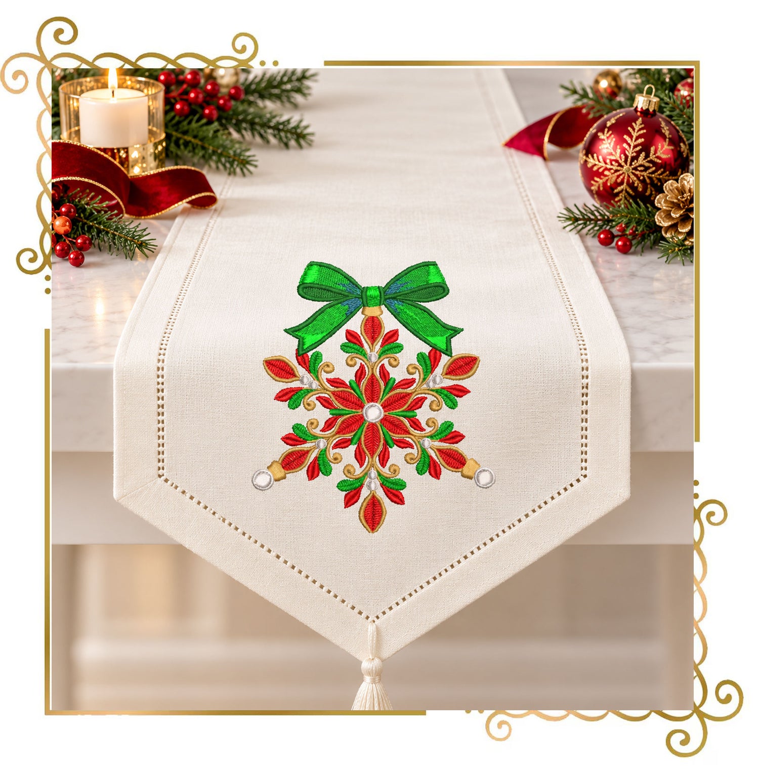 Christmas Snowflake Machine Embroidery Design, Bow Ornament, Winter Holiday Embroidery, Christmas Decor - Digital Download