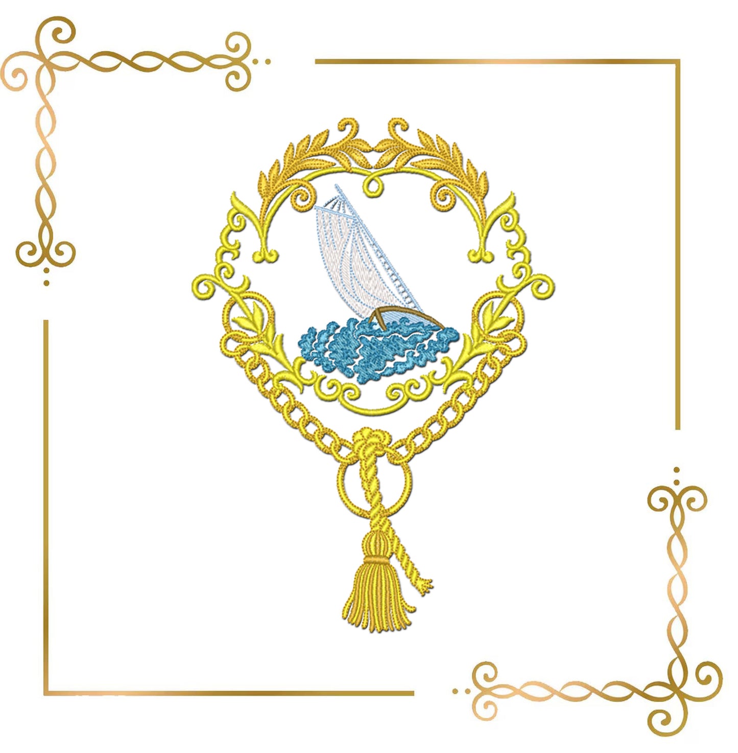 Embroidery Design Nautical Sailboat Frame, Elegant Ocean Crest, Baroque Gold Border, Marine Motif, Vintage Maritime Decor 
