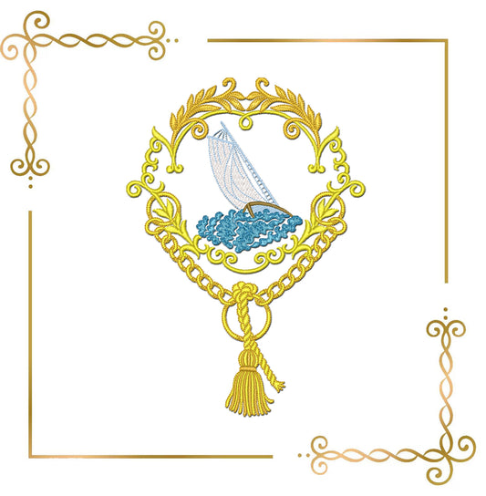 Embroidery Design Nautical Sailboat Frame, Elegant Ocean Crest, Baroque Gold Border, Marine Motif, Vintage Maritime Decor