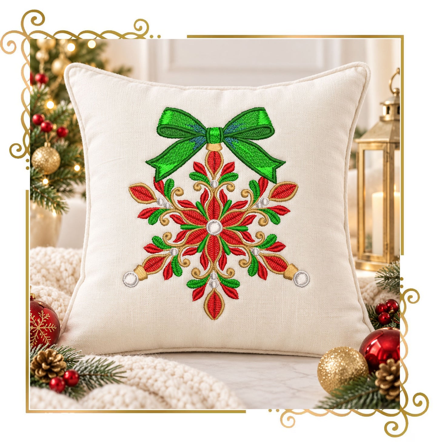 Christmas Snowflake Machine Embroidery Design, Bow Ornament, Winter Holiday Embroidery, Christmas Decor - Digital Download