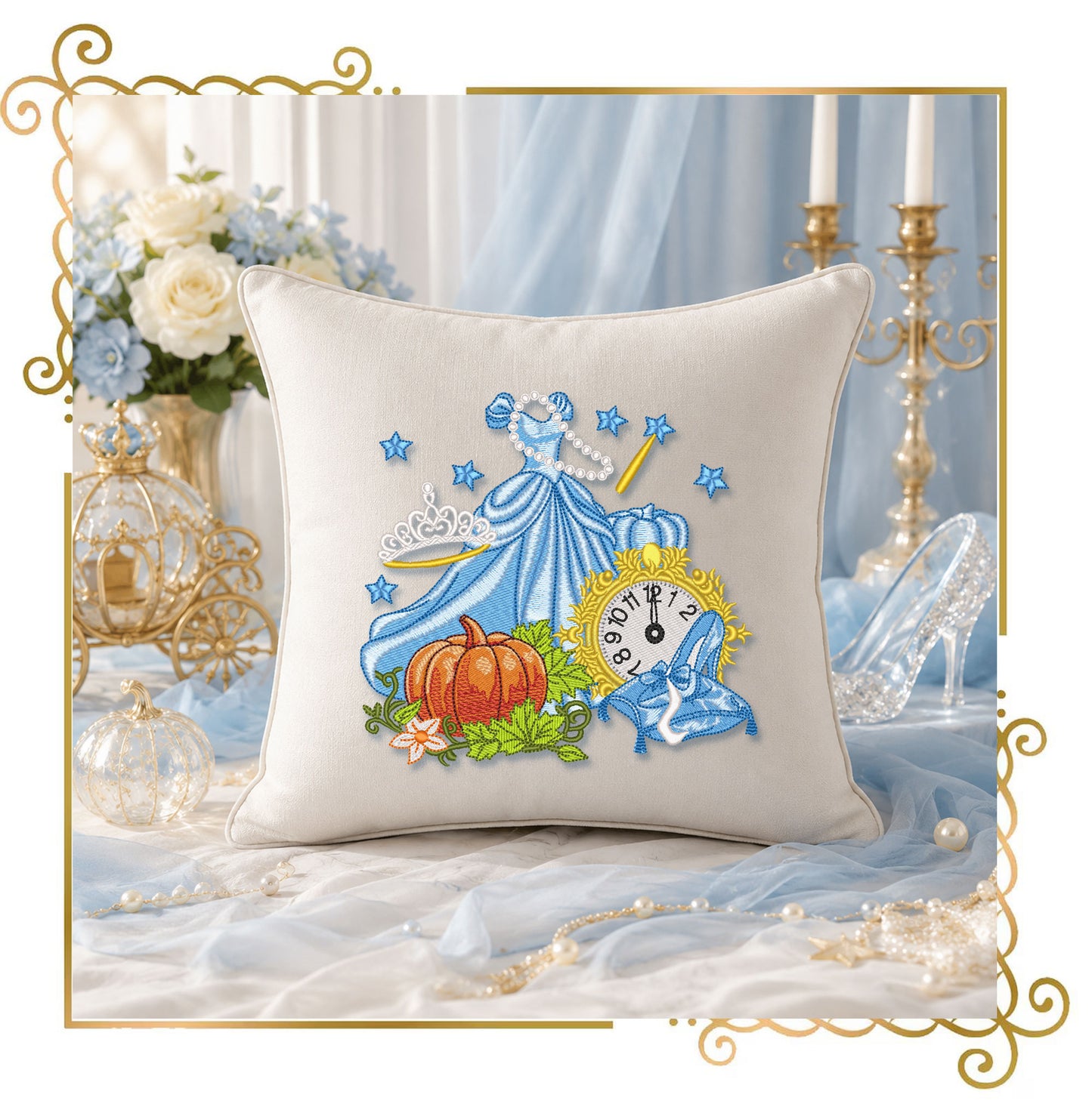 Fairytale Princess Embroidery Design, Cinderella Inspired Dress, Pumpkin Clock Glass Slipper, Machine Embroidery File