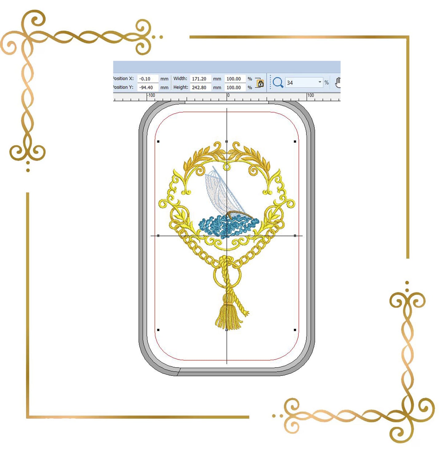 Embroidery Design Nautical Sailboat Frame, Elegant Ocean Crest, Baroque Gold Border, Marine Motif, Vintage Maritime Decor 