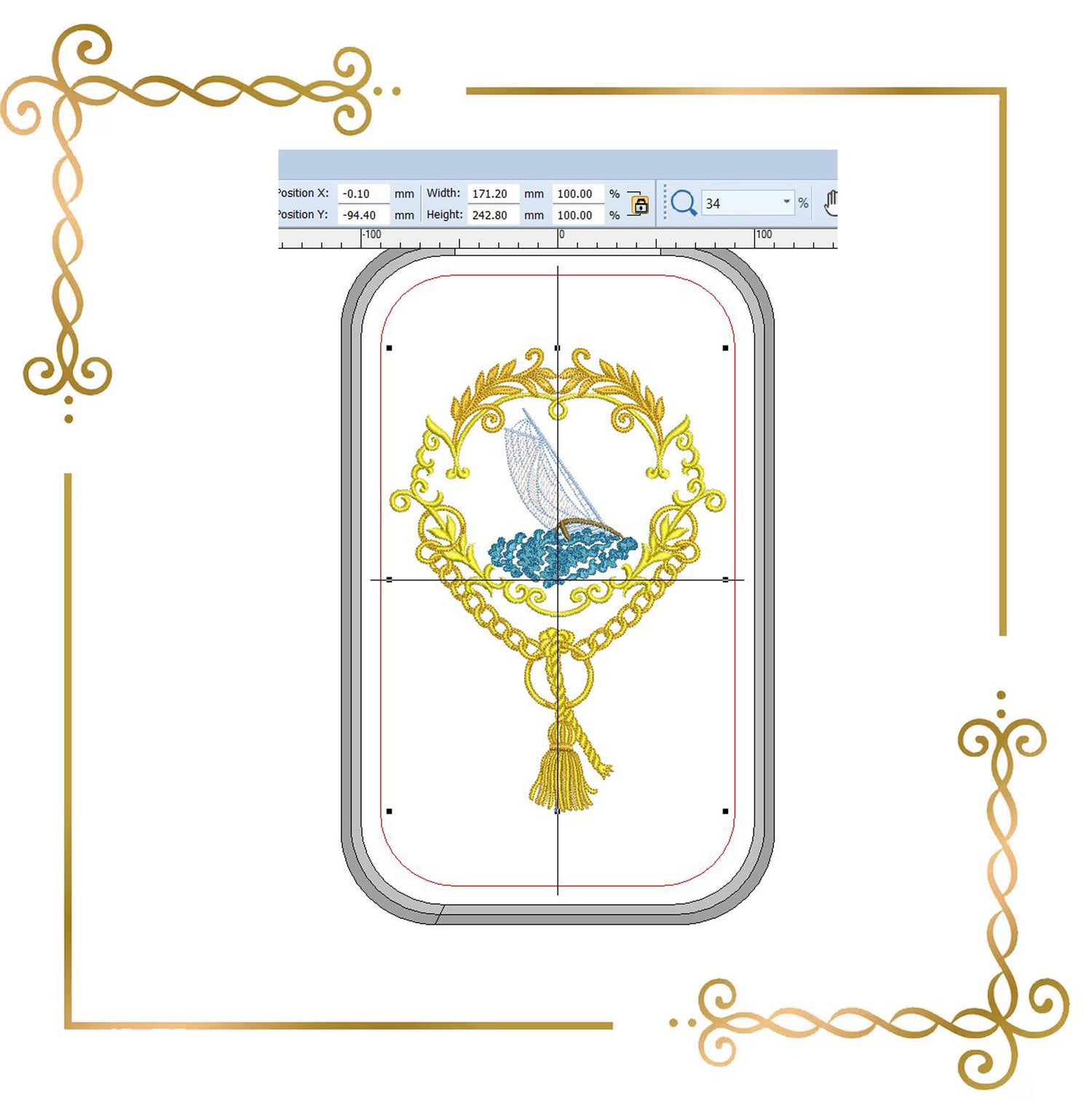 Embroidery Design Nautical Sailboat Frame, Elegant Ocean Crest, Baroque Gold Border, Marine Motif, Vintage Maritime Decor 