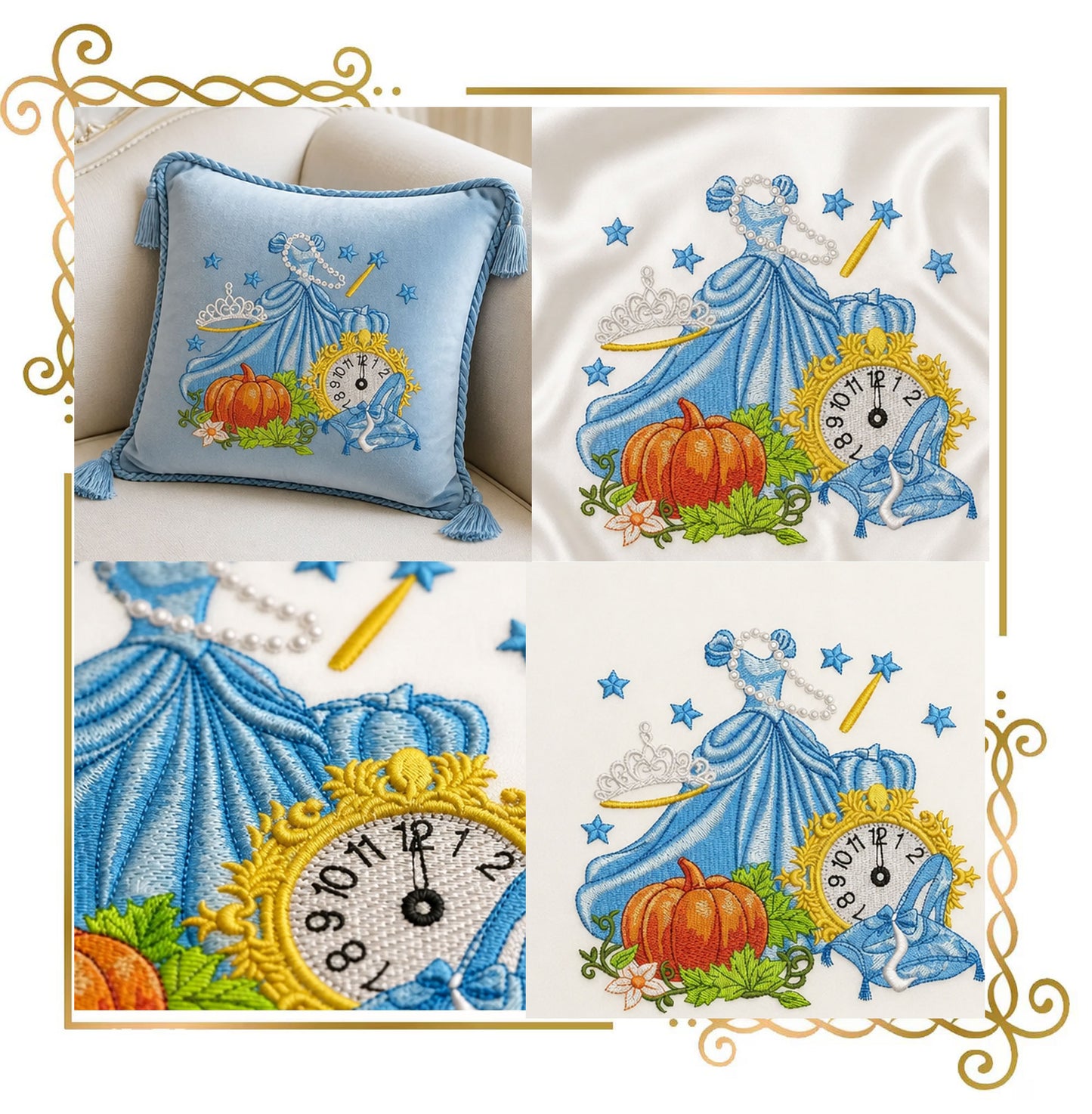 Fairytale Princess Embroidery Design, Cinderella Inspired Dress, Pumpkin Clock Glass Slipper, Machine Embroidery File
