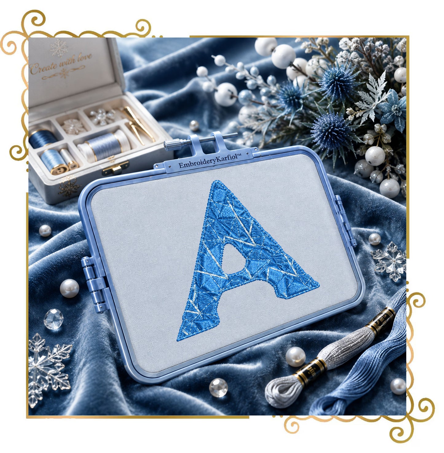 Winter Ice Embroidery Alphabet | Ice Crystal Machine Embroidery Font | 26 Letters, 10 Numbers, 8 Snowflakes and Crystal | 4x4 Hoop