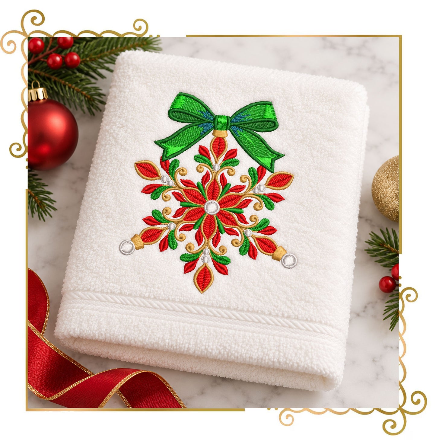 Christmas Snowflake Machine Embroidery Design, Bow Ornament, Winter Holiday Embroidery, Christmas Decor - Digital Download