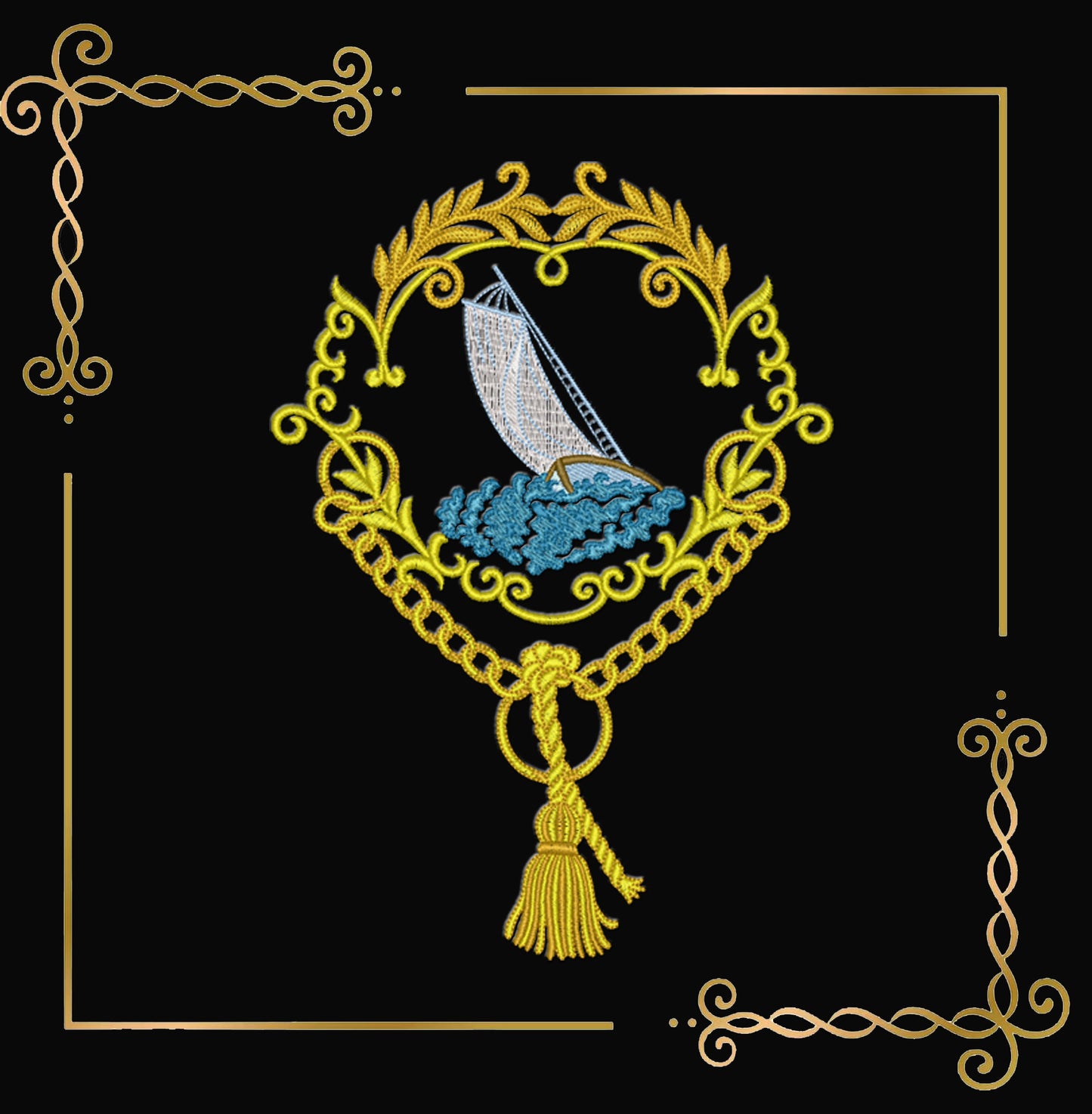 Embroidery Design Nautical Sailboat Frame, Elegant Ocean Crest, Baroque Gold Border, Marine Motif, Vintage Maritime Decor 