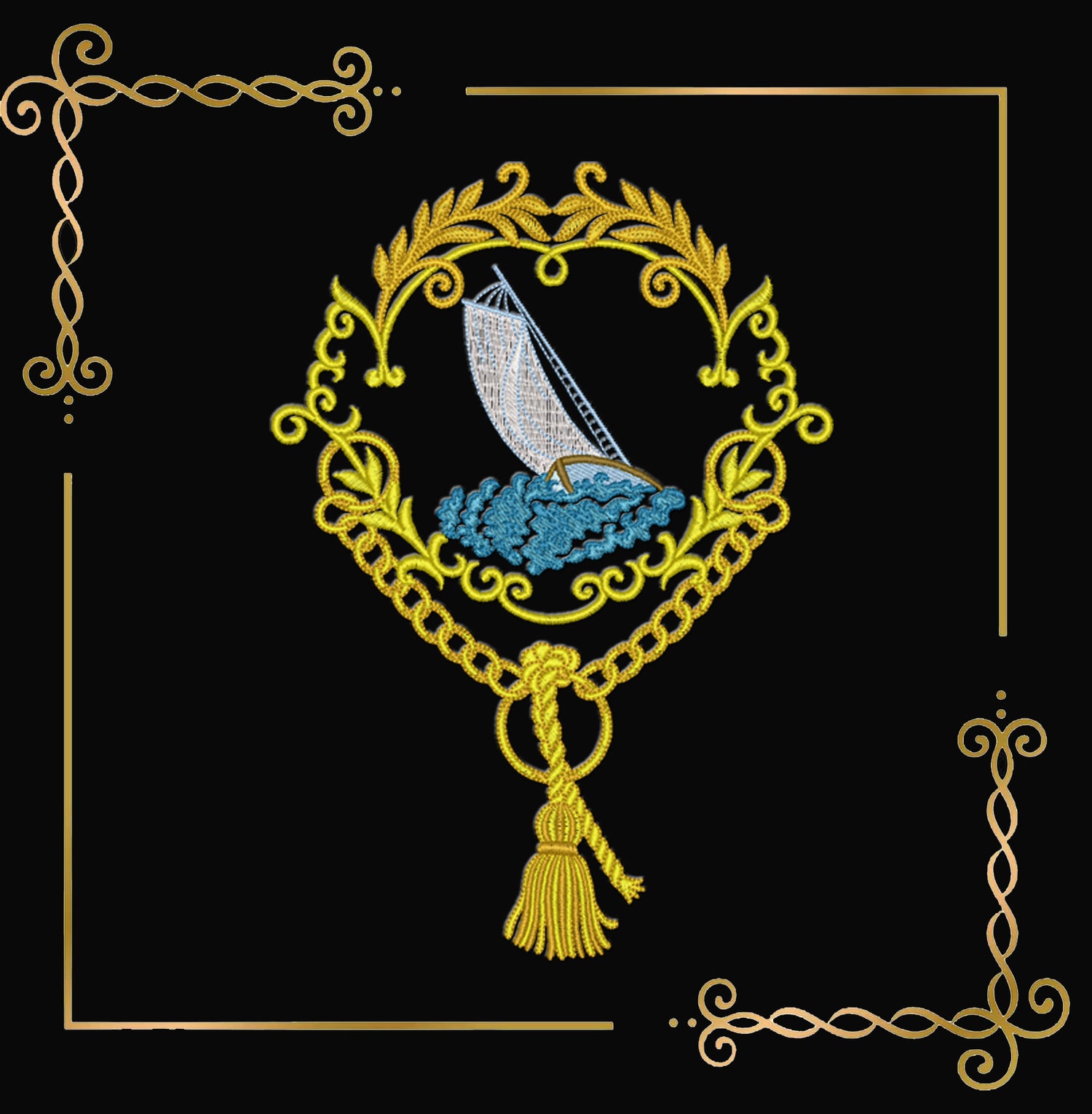 Embroidery Design Nautical Sailboat Frame, Elegant Ocean Crest, Baroque Gold Border, Marine Motif, Vintage Maritime Decor 