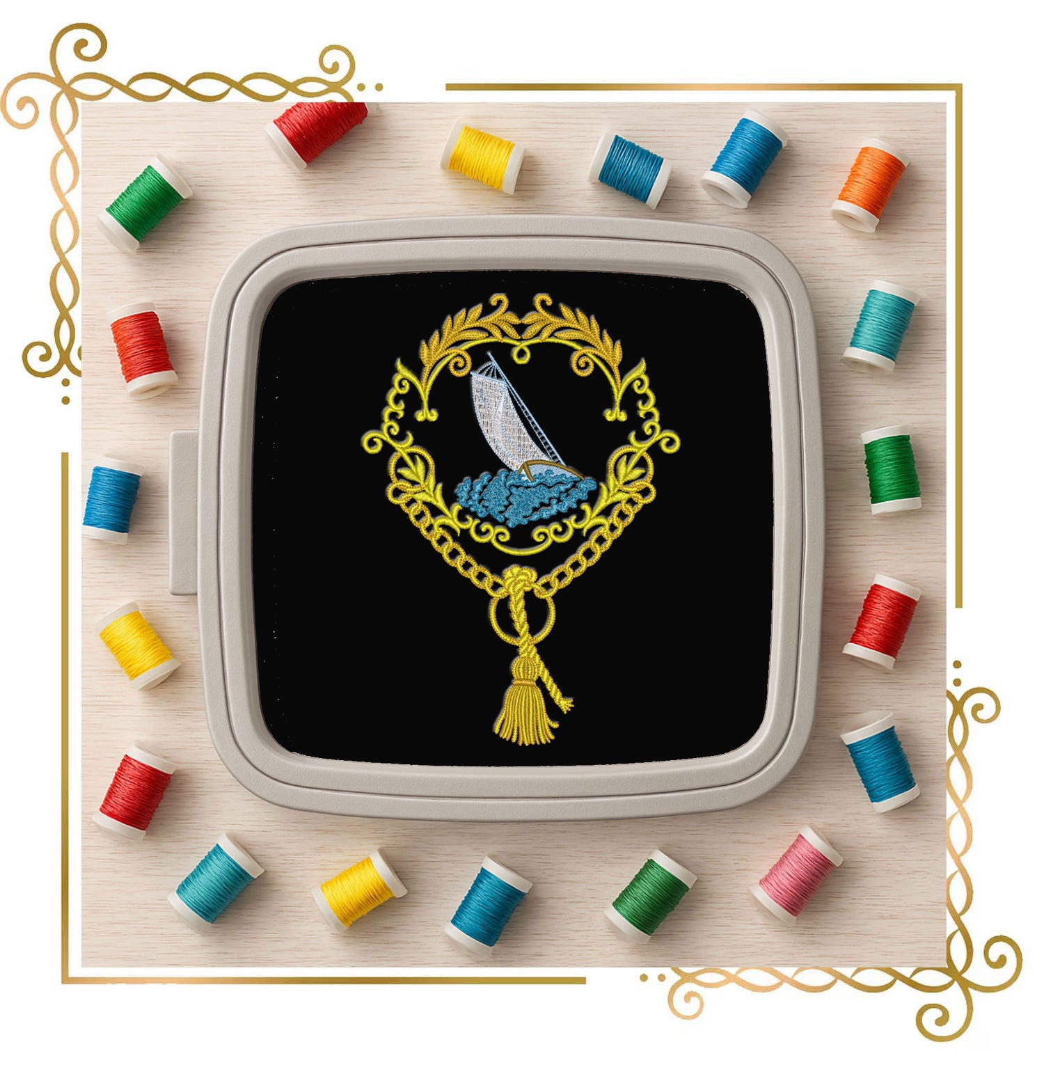 Embroidery Design Nautical Sailboat Frame, Elegant Ocean Crest, Baroque Gold Border, Marine Motif, Vintage Maritime Decor 