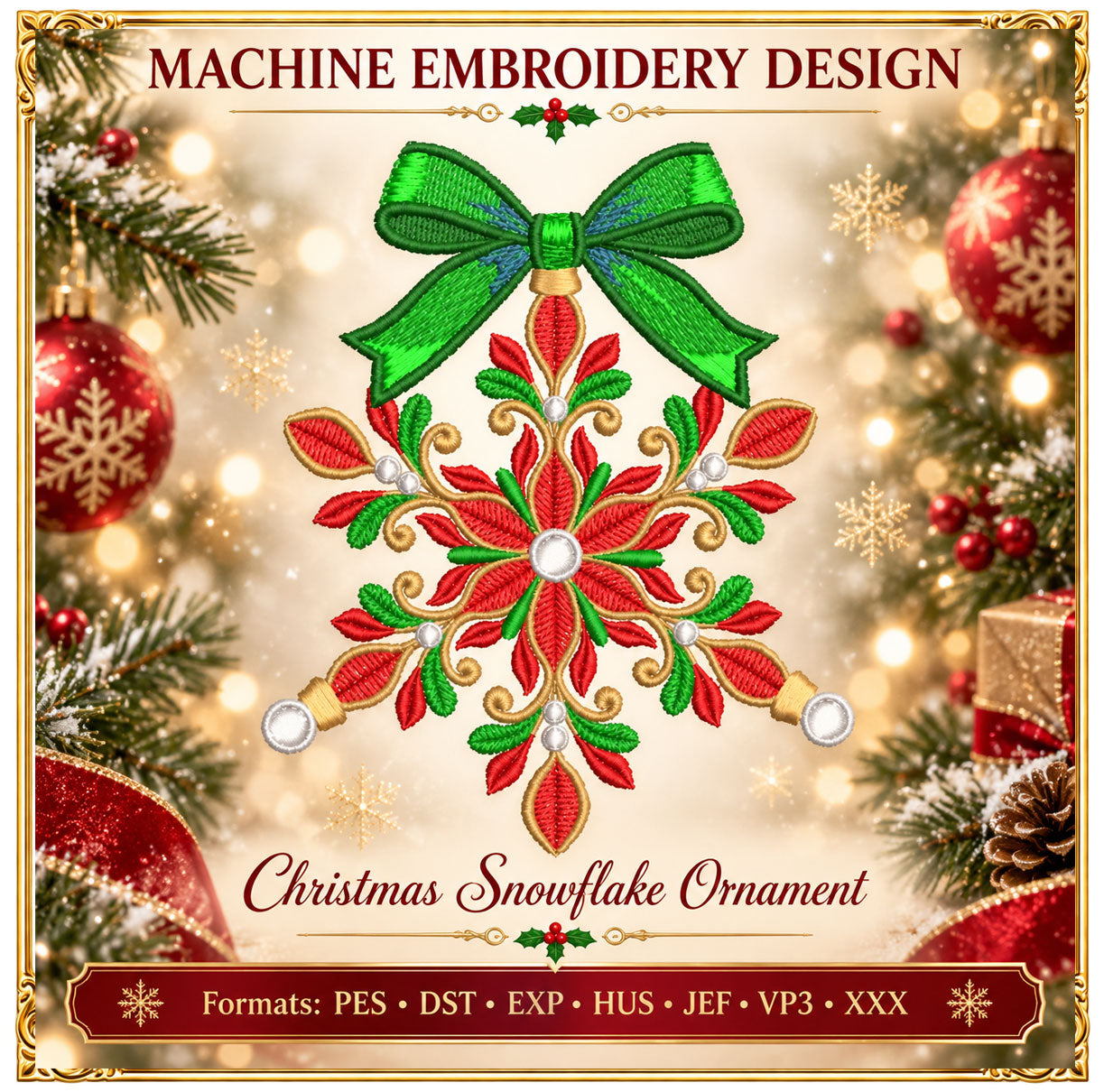 Christmas Snowflake Machine Embroidery Design, Bow Ornament, Winter Holiday Embroidery, Christmas Decor - Digital Download