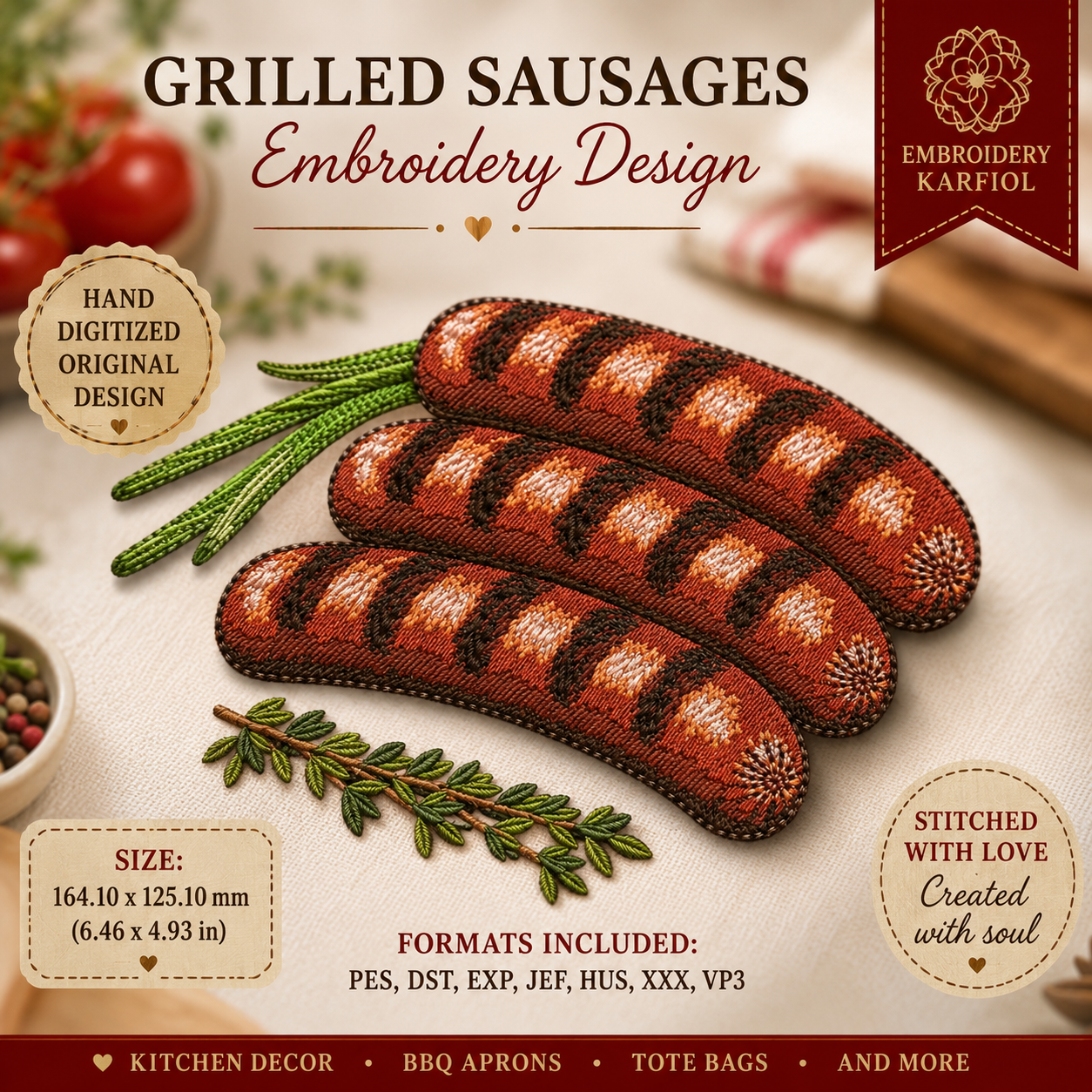 Grilled Sausages Embroidery Design – Sausages with Green Onion & Thyme, Kitchen Decor Machine Embroidery BBQ Grill