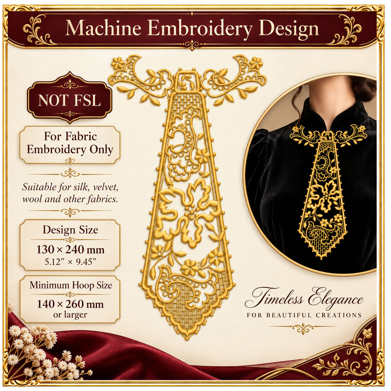 Lace and decorations Tie Embroidery Design, Victorian Neckpiece, Digital Download NOT FSL