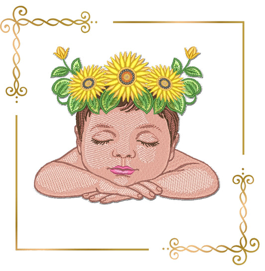 Mother's day, MOM, Baby with Sunflower Crown Embroidery Design – Sleeping Baby Machine Embroidery – Instant Download
