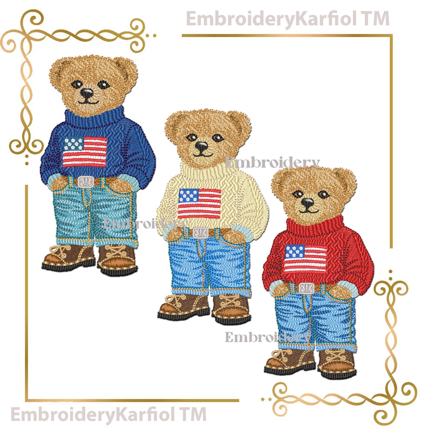 Teddy Bear Embroidery Design – American Flag Sweater, Preppy Style (Instant Download 2 Sizes)