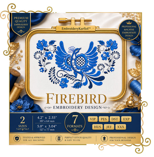 Flowers Blue Firebird, Folk Bird, Blue Folk Firebird Embroidery design Floral 2 Sizes - Instant Download