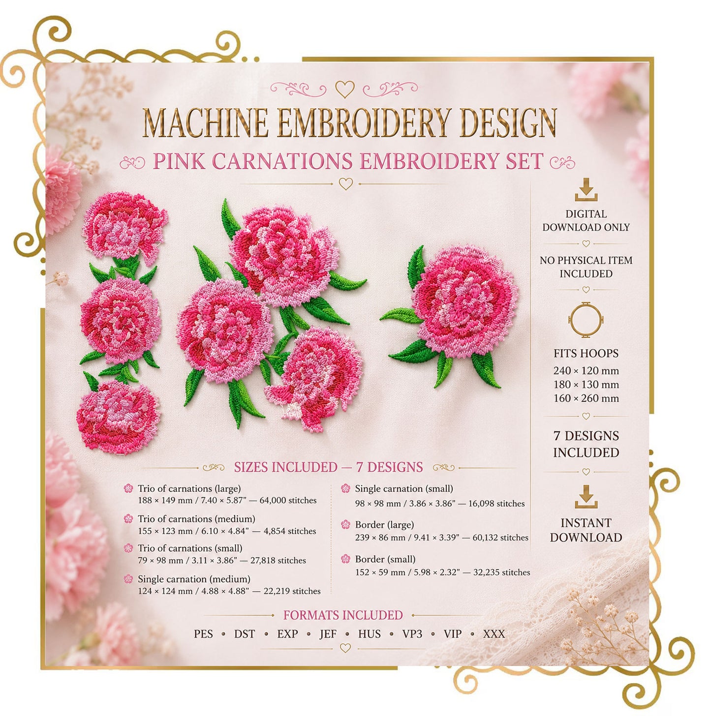 Flowers Pink Carnation machine embroidery design Set — 7 sizes digital download