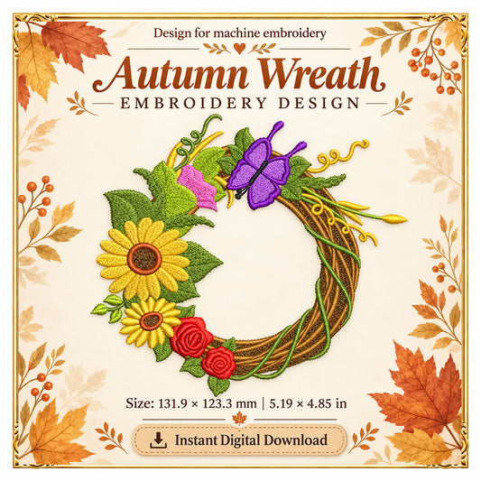Halloween - Autumn Wreath Machine Embroidery Design, Sunflowers, Grapes and Butterfly (Digital Download)