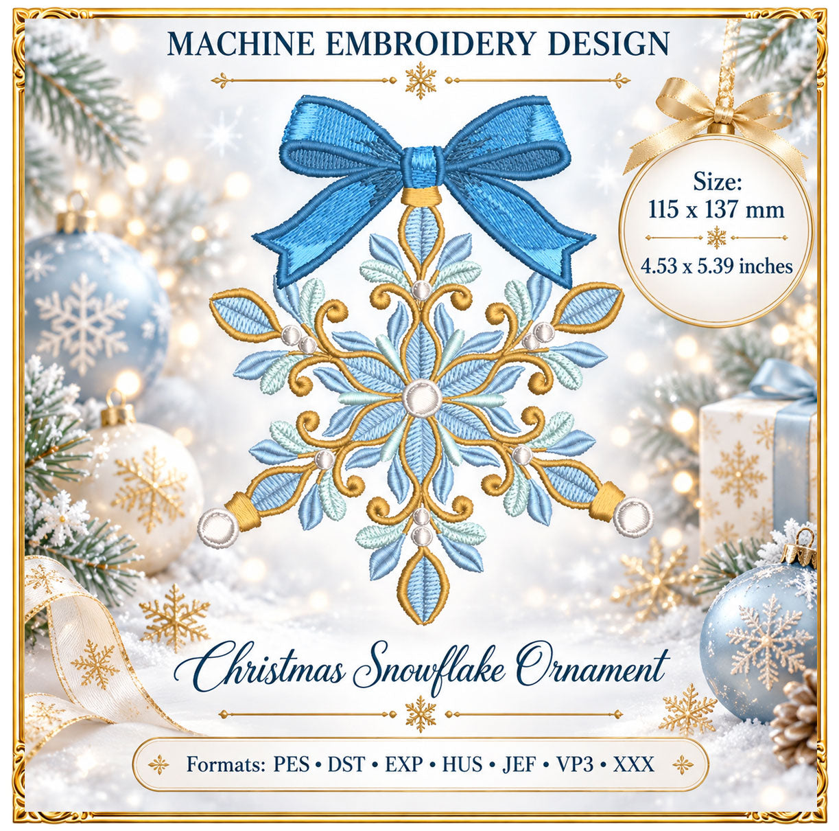 Christmas Snowflake Machine Embroidery Design, Blue Bow Ornament, Winter Holiday Embroidery, Christmas Decor - Digital Download