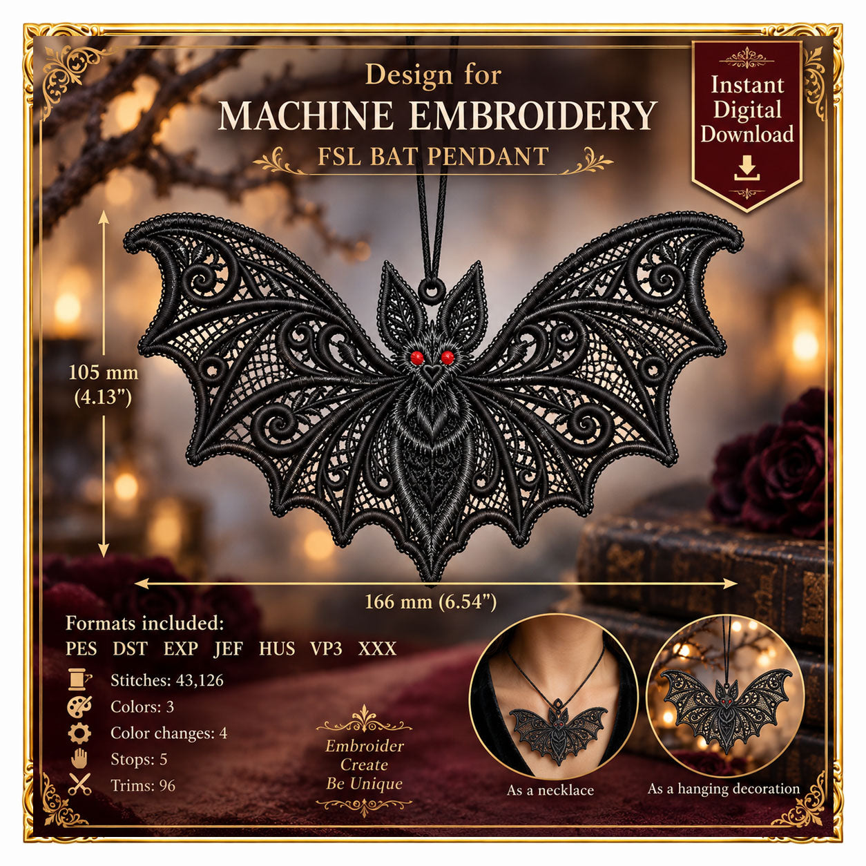 Halloween -Gothic Freestanding Lace Bat Pendant FSL Machine Embroidery Design, Halloween Ornament, Instant (Digital Download)