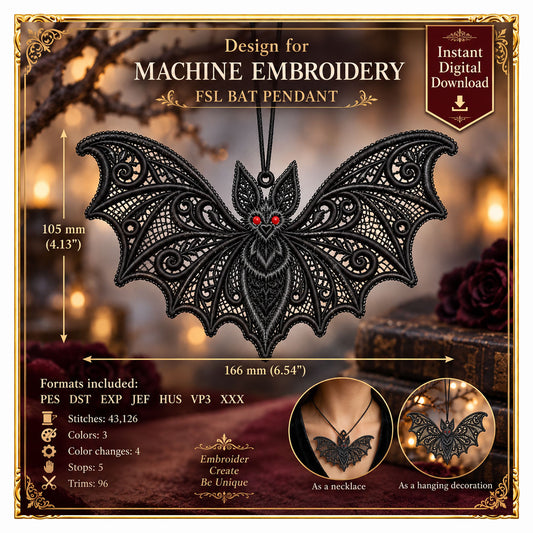Halloween -Gothic Freestanding Lace Bat Pendant FSL Machine Embroidery Design, Halloween Ornament, Instant (Digital Download)