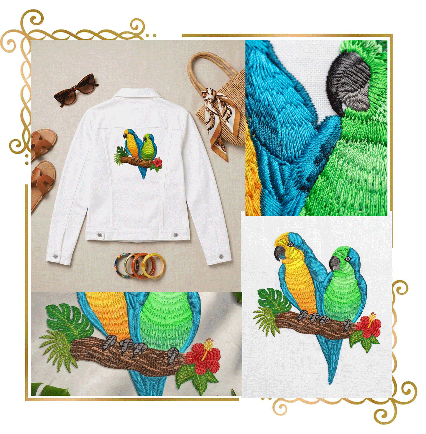 Tropical Parrots Embroidery Design – Two Macaws with Hibiscus & Exotic Leaves Digitai Download