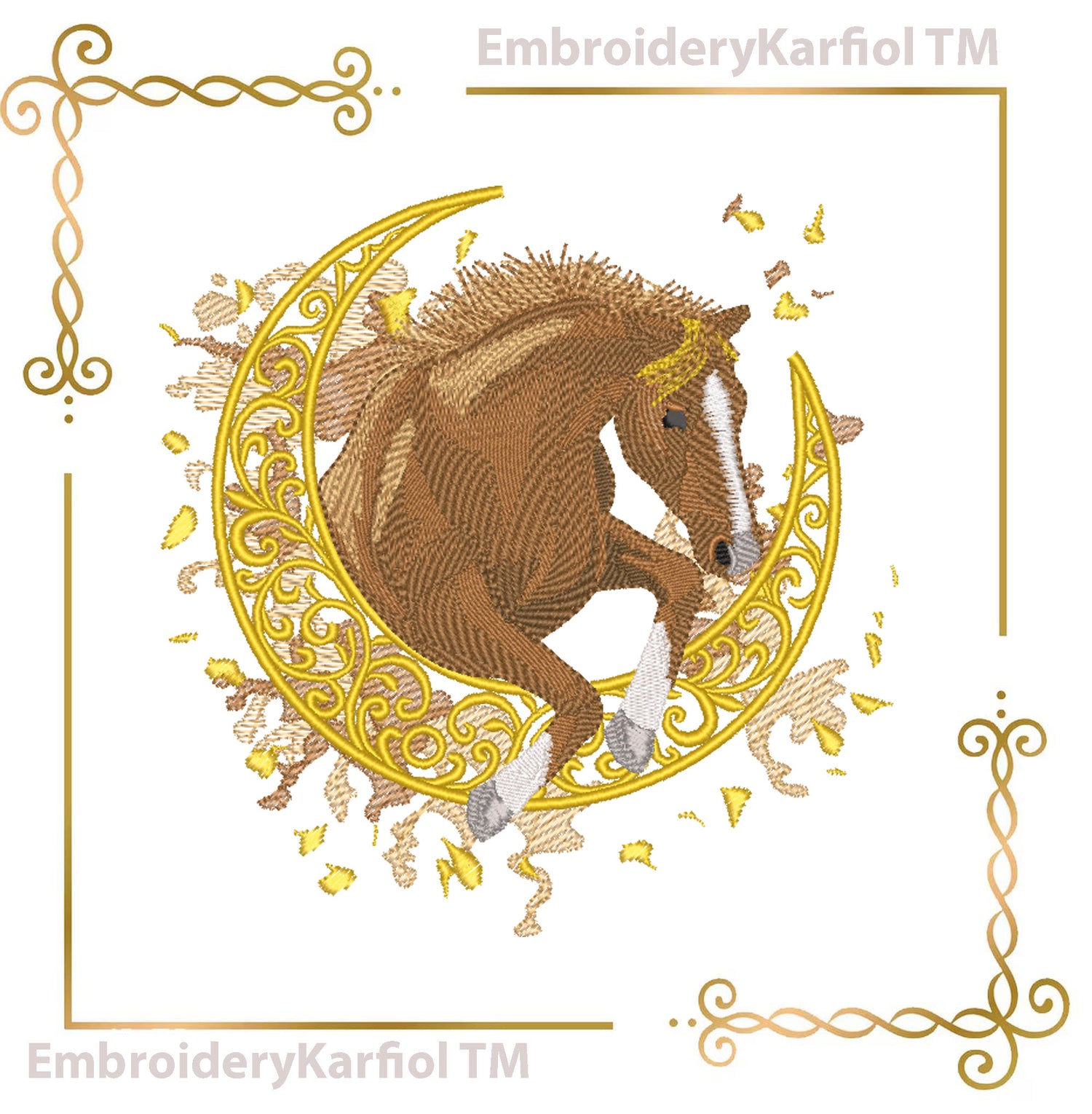 Horse on Moon - Embroidery Design - Chistmas Red Holiday Version and Natural Brown (Digital Download)