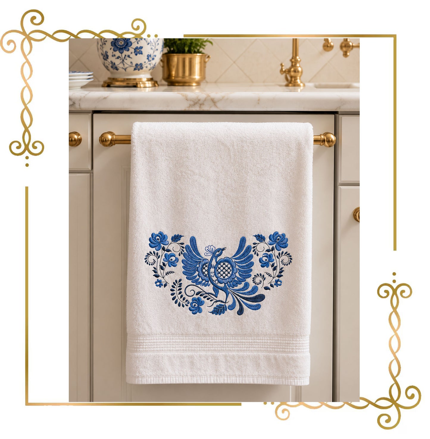 Flowers Blue Firebird, Folk Bird, Blue Folk Firebird Embroidery design Floral 2 Sizes - Instant Download