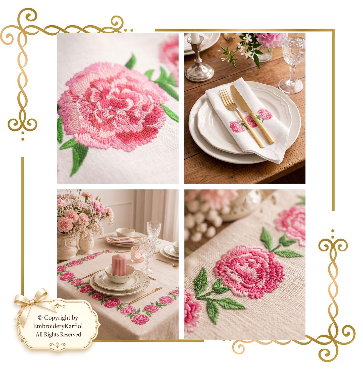 Flowers Pink Carnation machine embroidery design Set — 7 sizes digital download