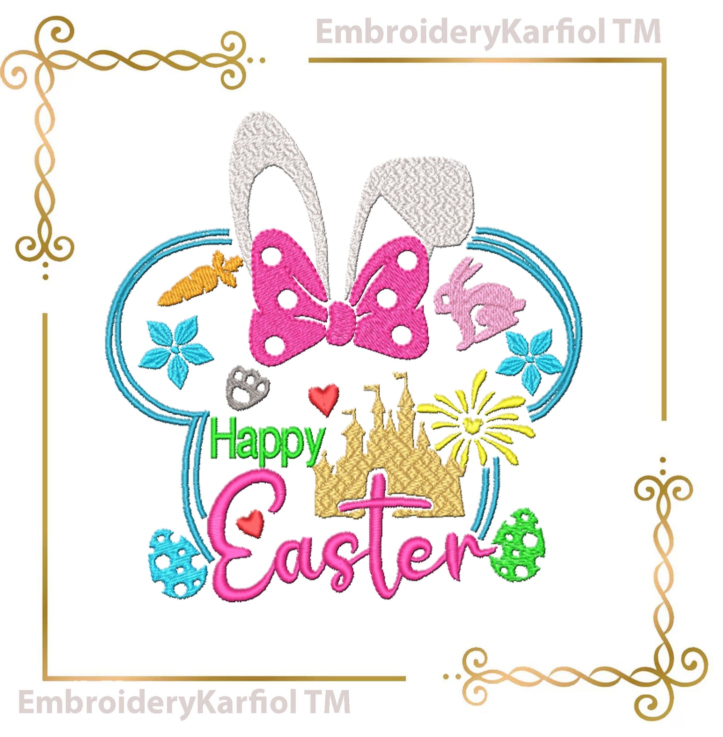 Minnie Mouse Head, Happy Easter Bunny, Castle, Machine Embroidery Design