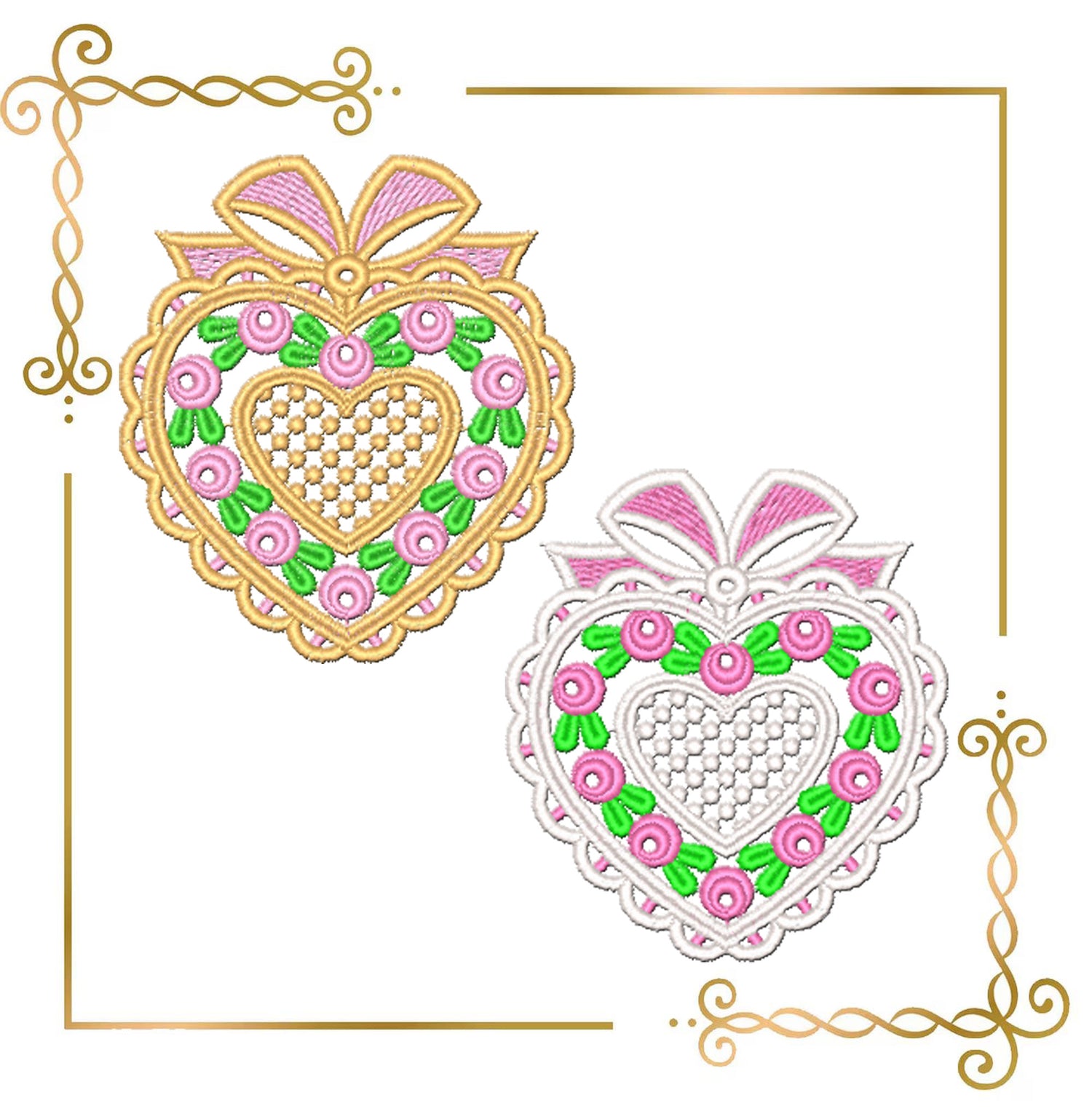 Heart Lace Frame Embroidery Design, Pink Floral Heart with Bow, Valentine Wedding Machine Embroidery File (2 Sizes)