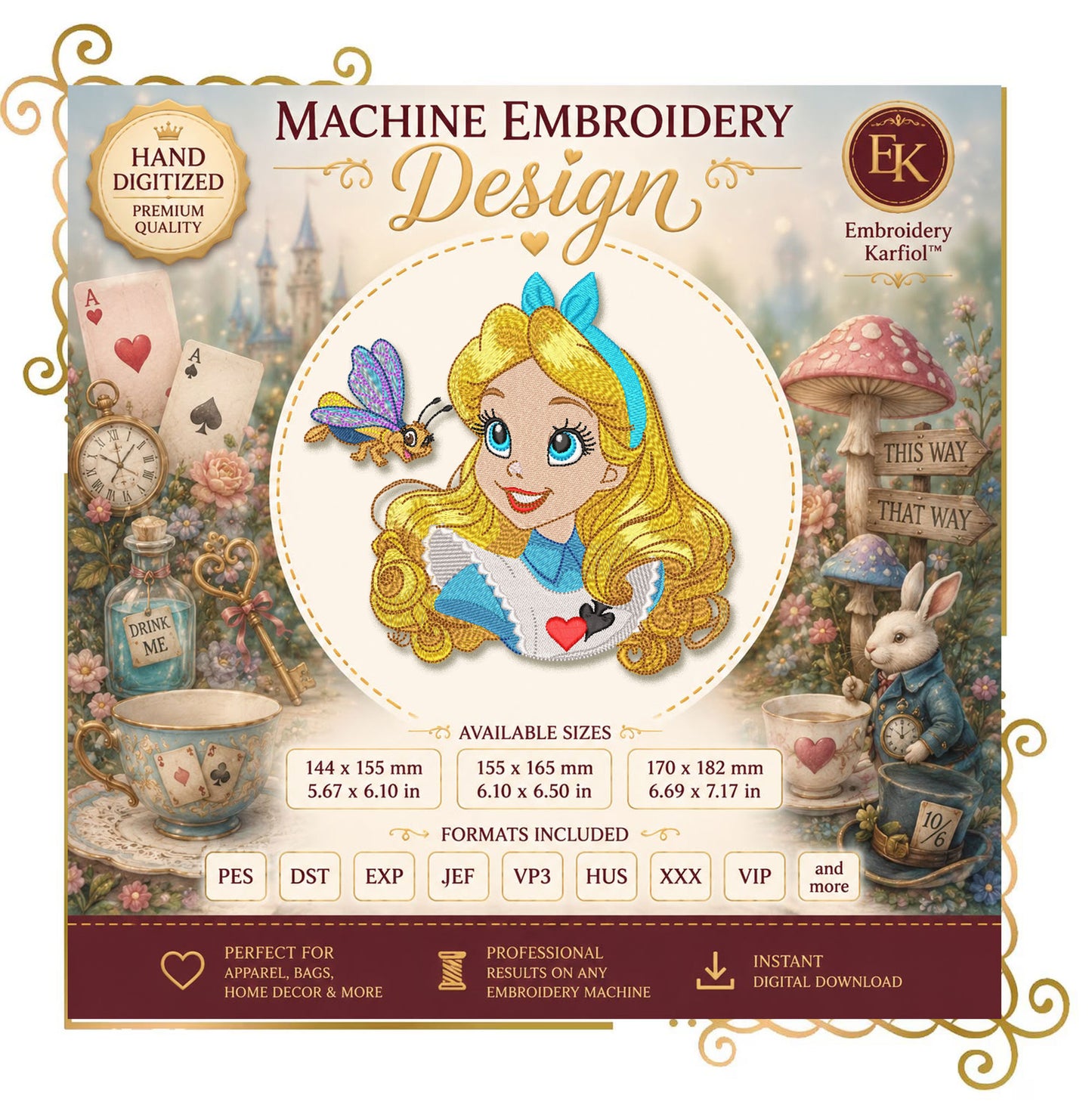 Princess Alice in Wonderland Embroidery Design, Alice Machine Embroidery File, Fantasy Girl Embroidery, Tea Party Instant Download