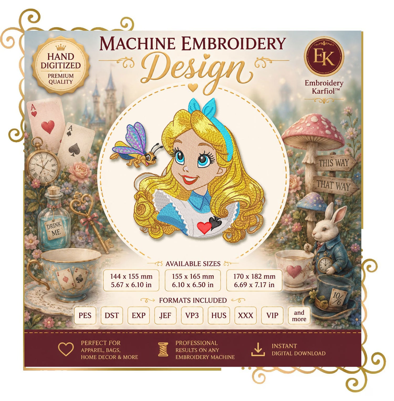Princess Alice in Wonderland Embroidery Design, Alice Machine Embroidery File, Fantasy Girl Embroidery, Tea Party Instant Download