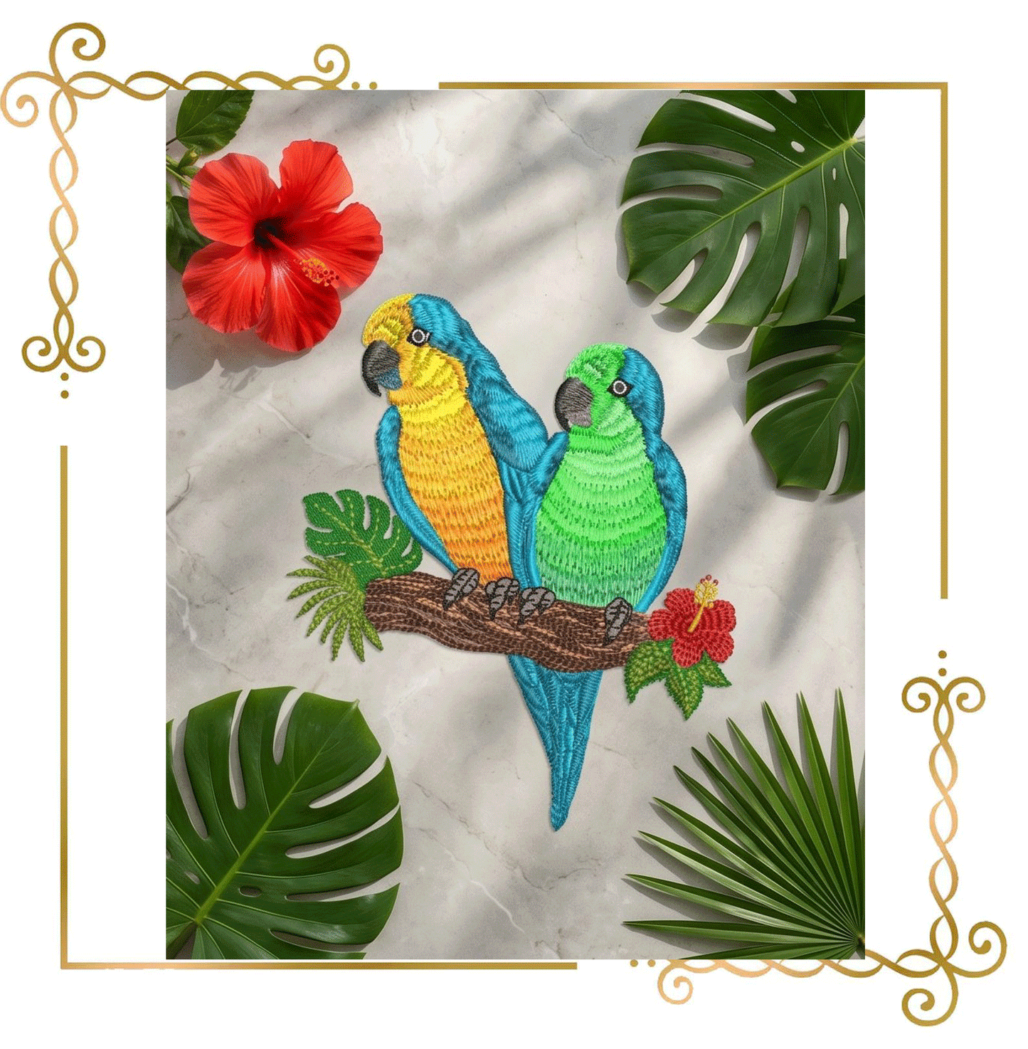 Tropical Parrots Embroidery Design – Two Macaws with Hibiscus & Exotic Leaves Digitai Download