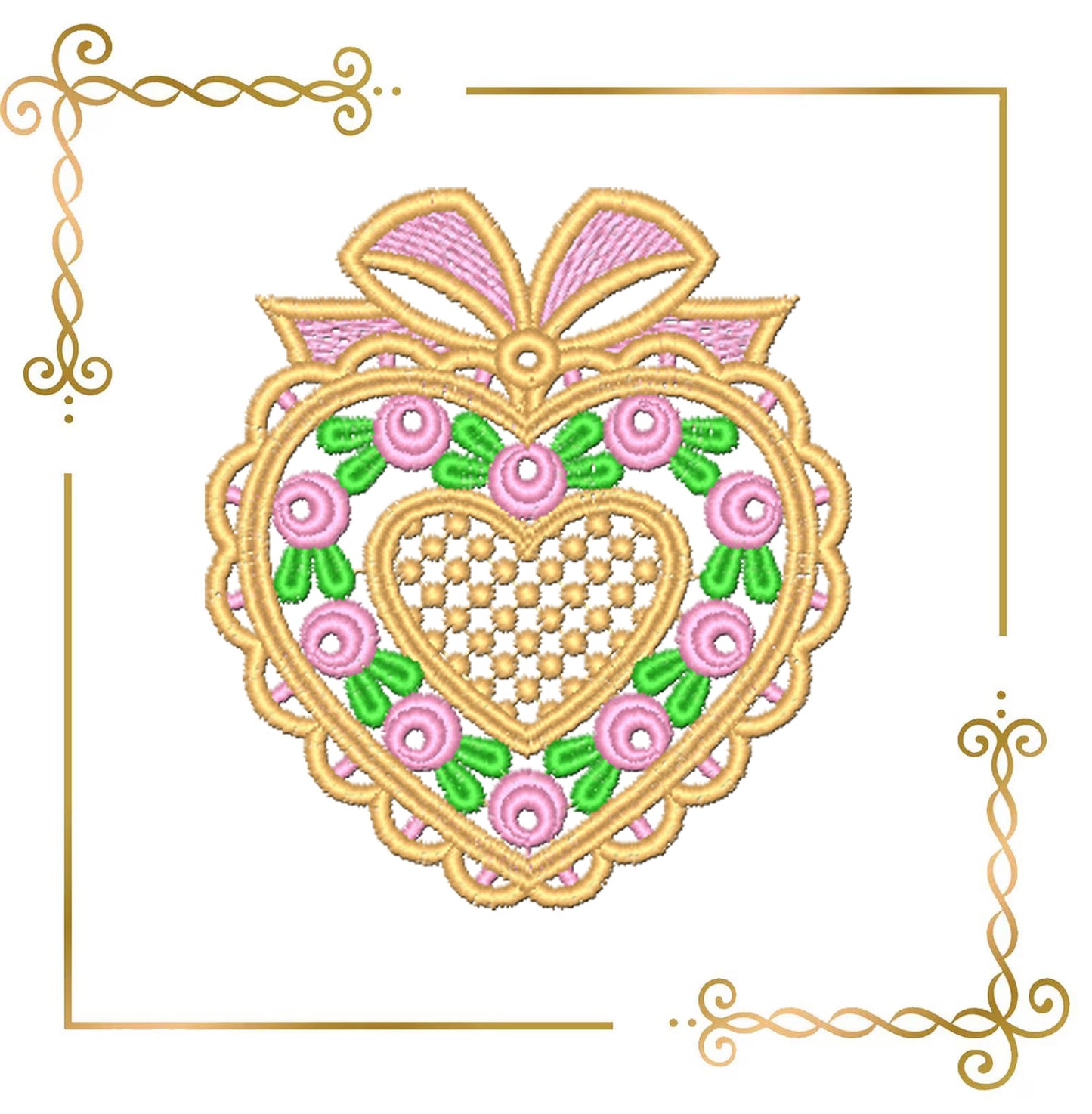 Heart Lace Frame Embroidery Design, Pink Floral Heart with Bow, Valentine Wedding Machine Embroidery File (2 Sizes)