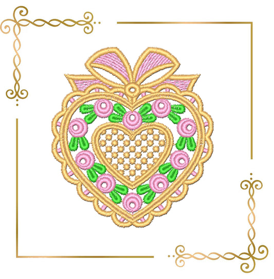 Heart Lace Frame Embroidery Design, Pink Floral Heart with Bow, Valentine Wedding Machine Embroidery File (2 Sizes)